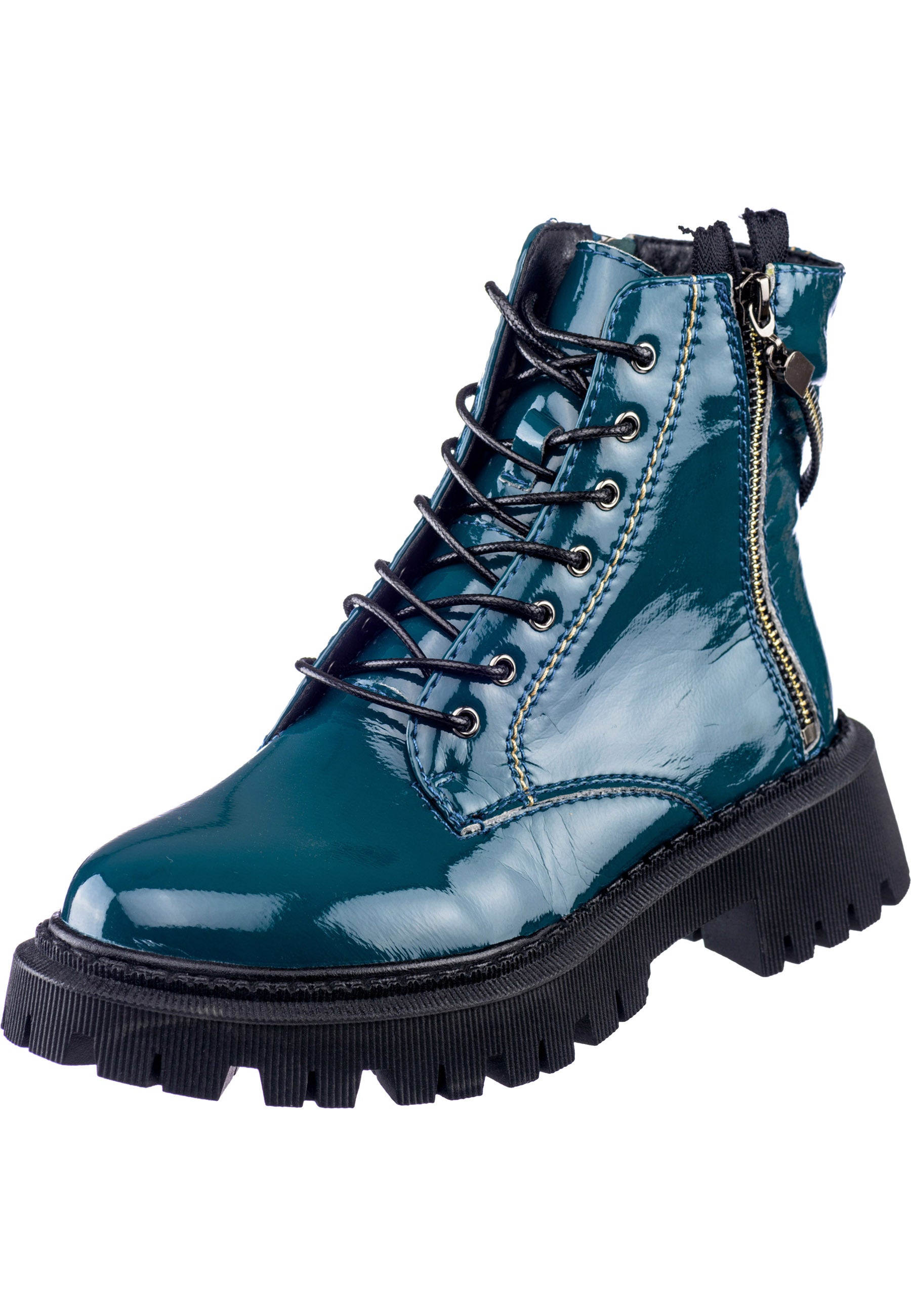 Glossy Lace-Up Ankle Boots - Blue