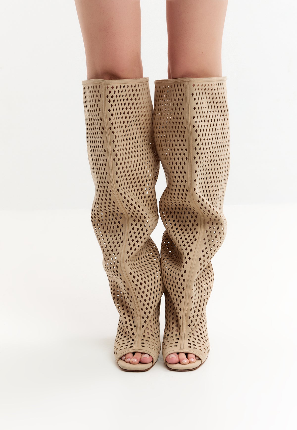 Perforated Knee-High Boots – Beige