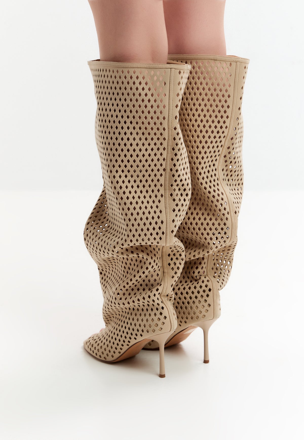 Perforated Knee-High Boots – Beige