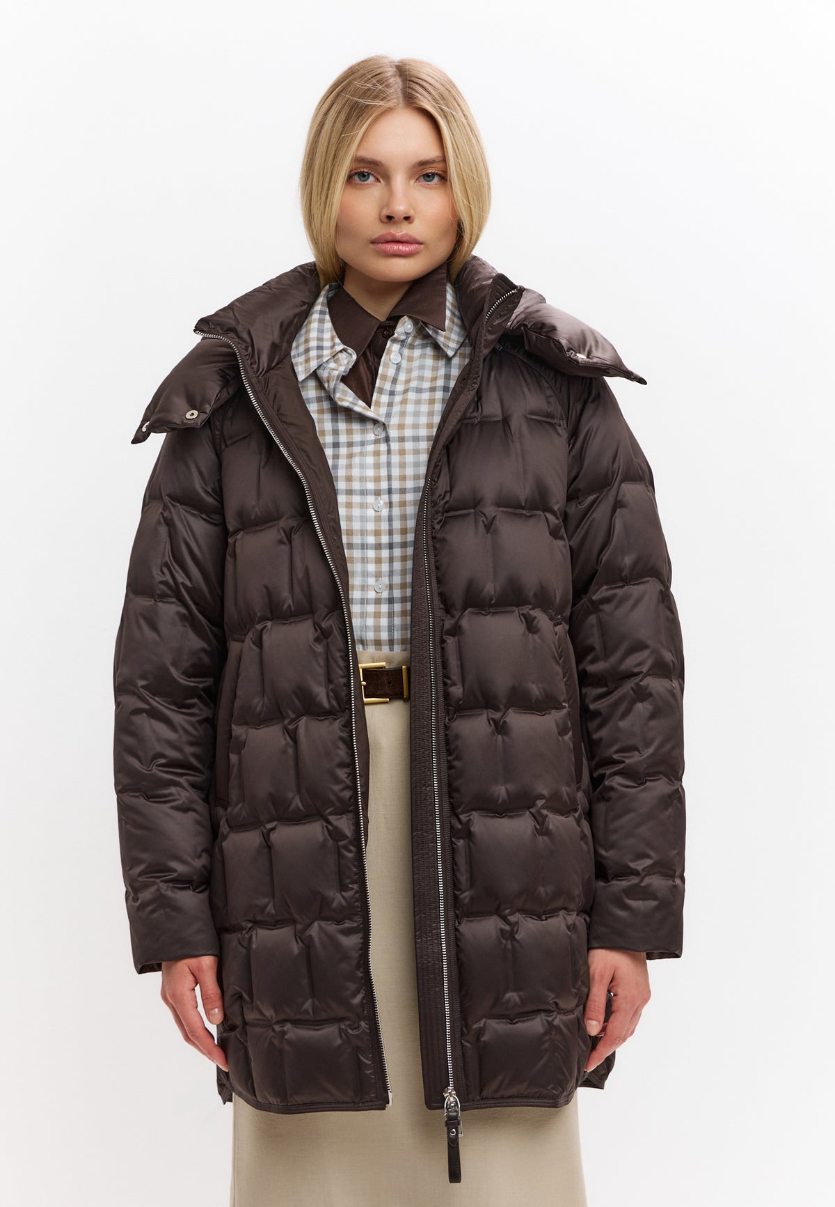 Hooded Mid-Length Down Puffer Coat - Brown