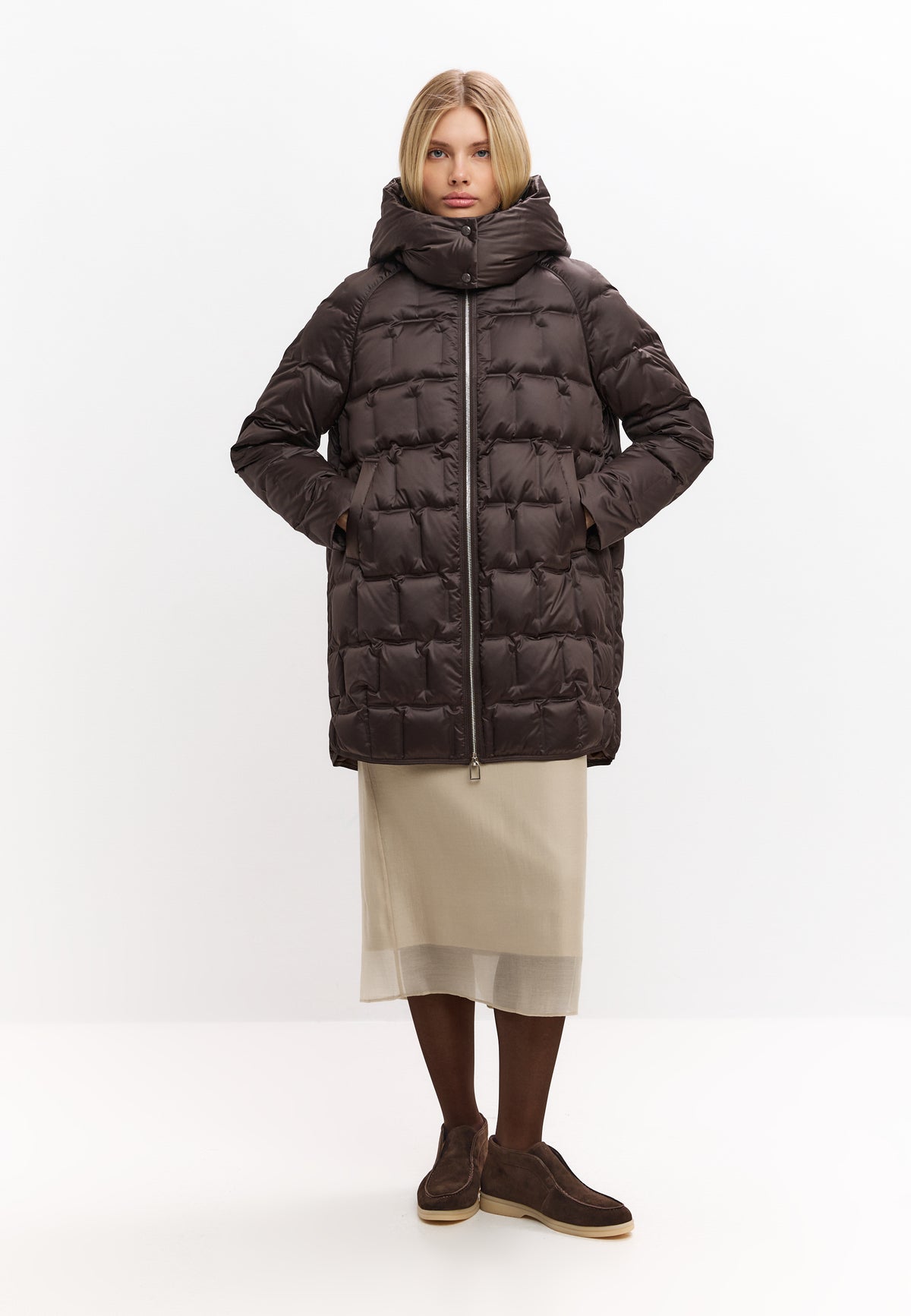 Hooded Mid-Length Down Puffer Coat - Brown