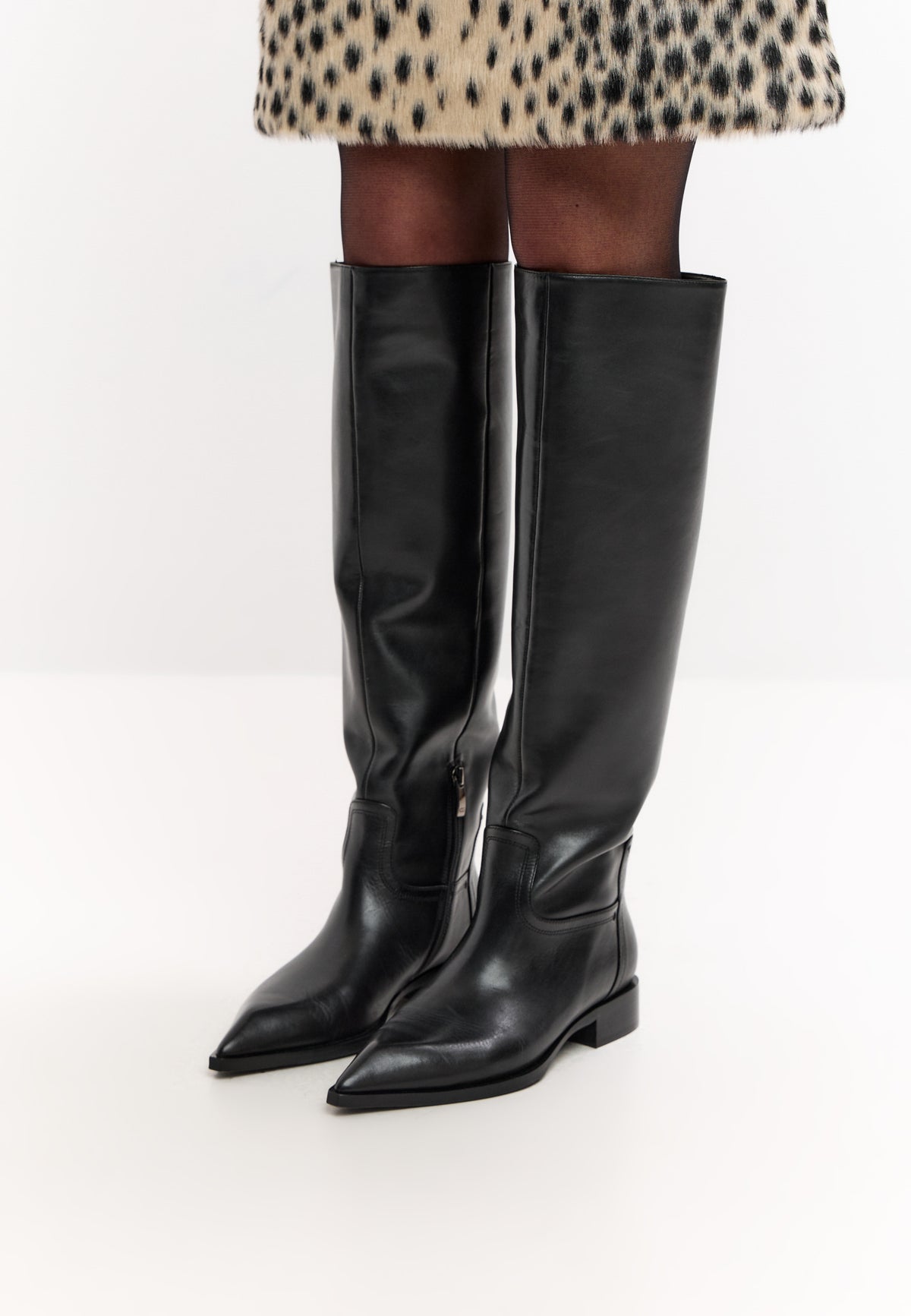Leather Block Heel High Boots