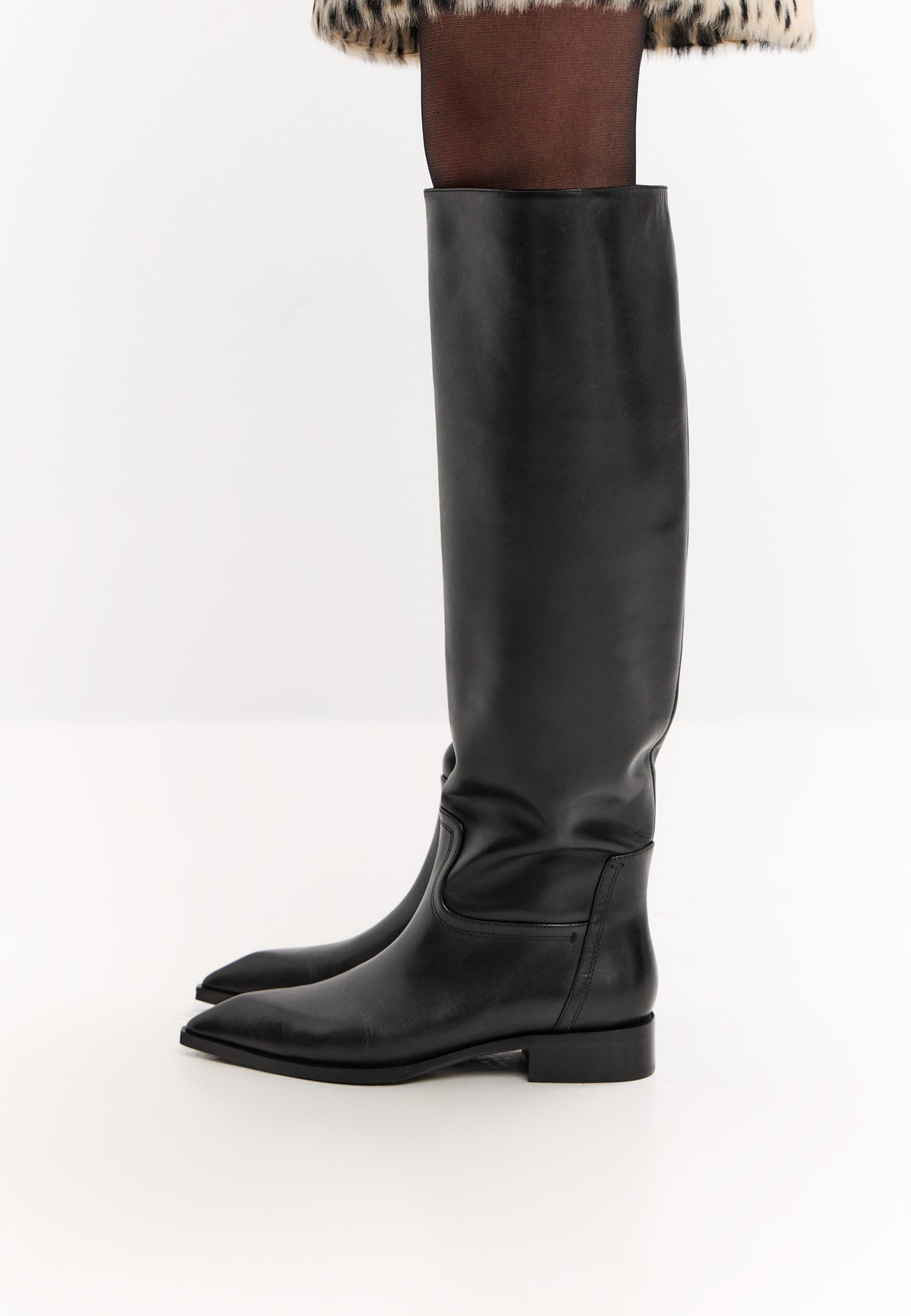 Leather Block Heel High Boots