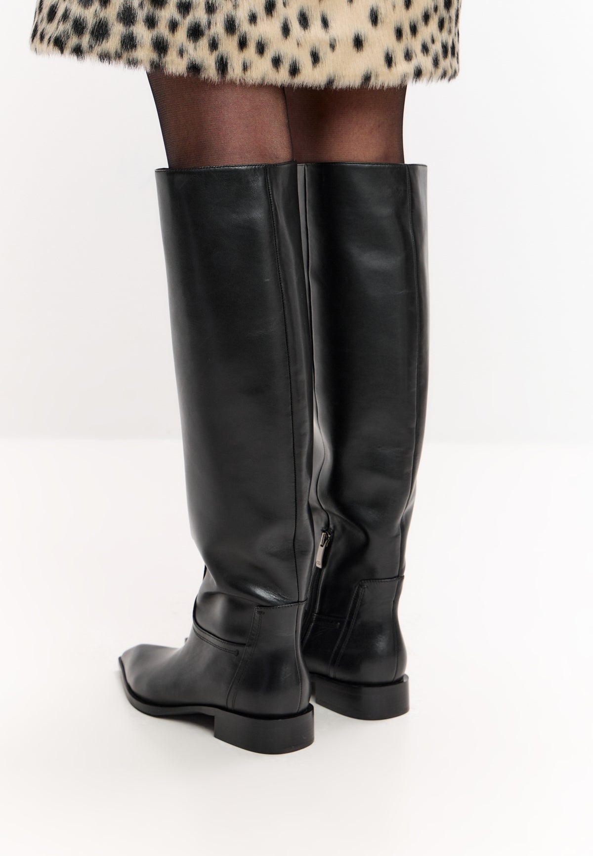 Leather Block Heel High Boots