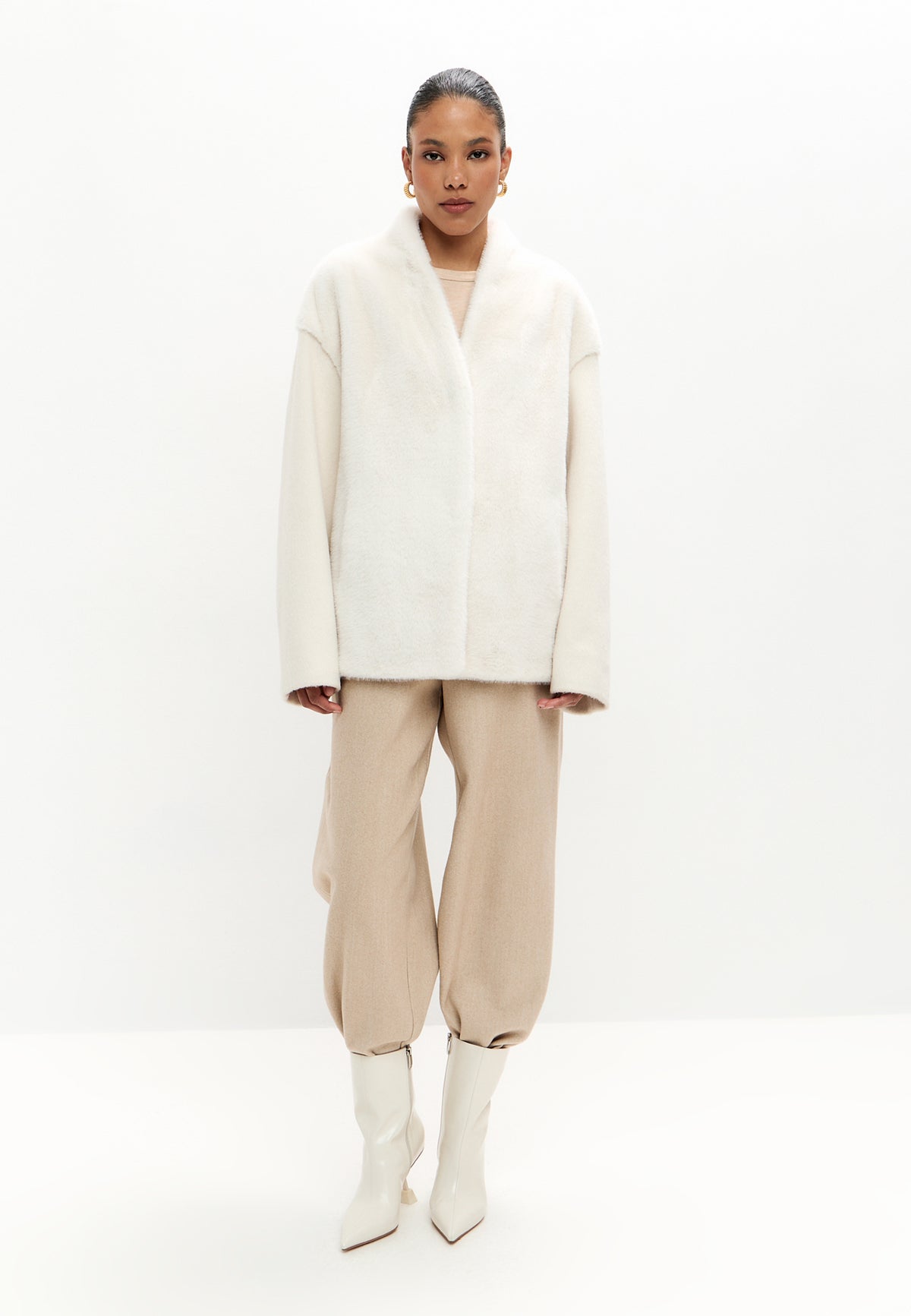 Two-Tone Faux Fur Belted Jacket - White
