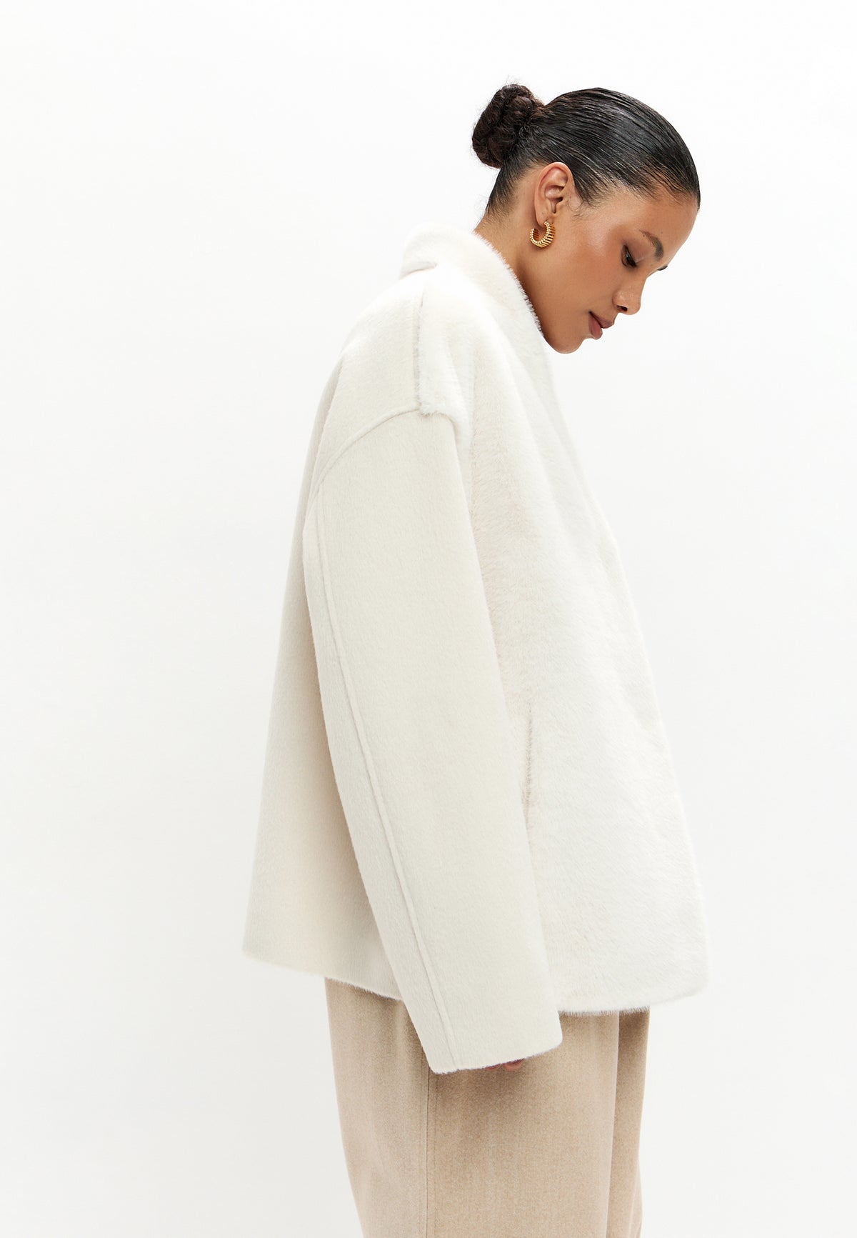 Two-Tone Faux Fur Belted Jacket - White