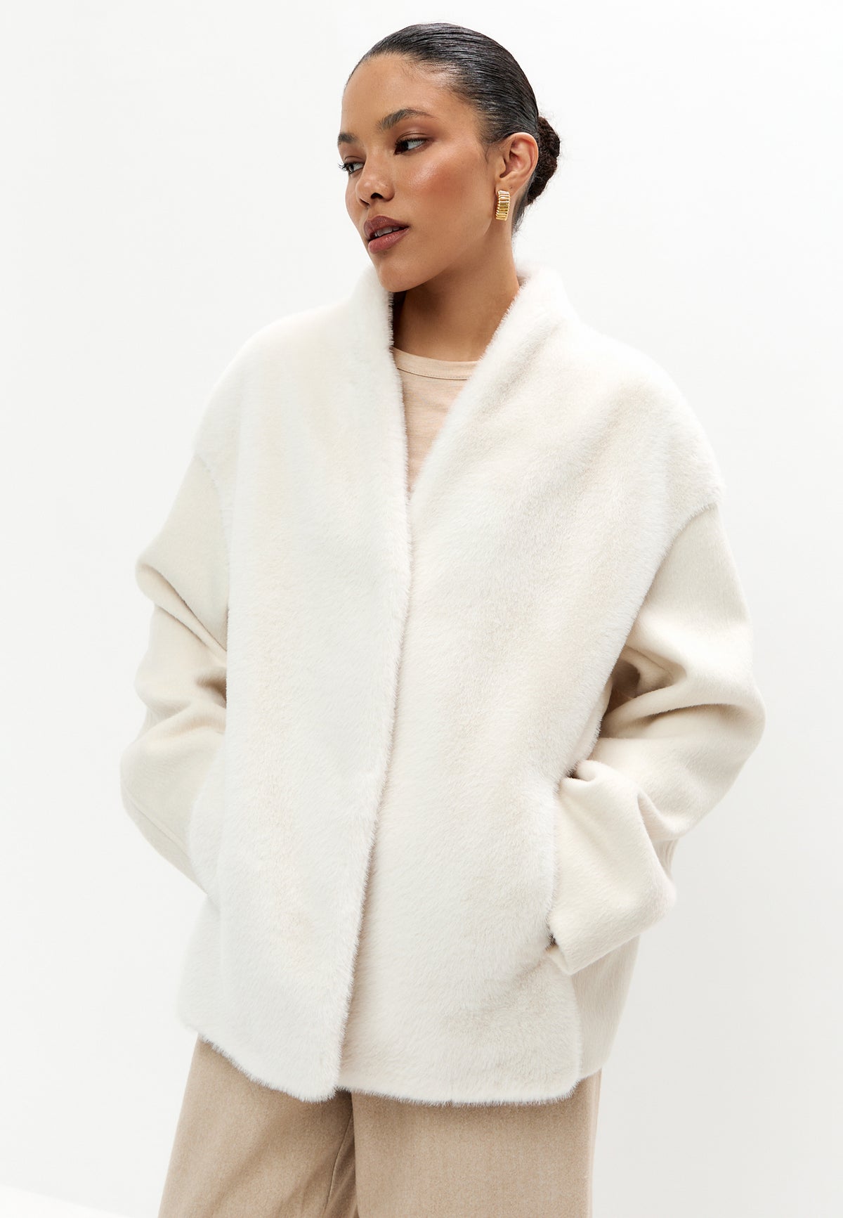 Two-Tone Faux Fur Belted Jacket - White