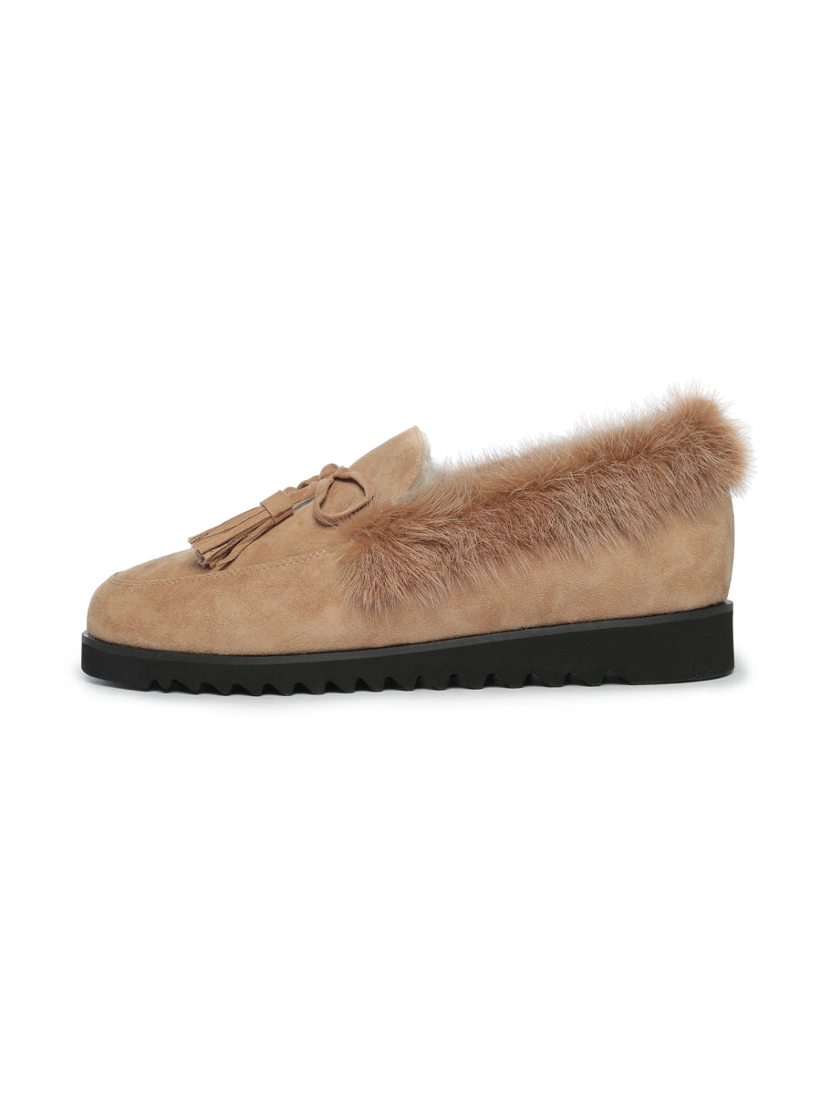 Suede Tassel Fur Loafers - Light Brown