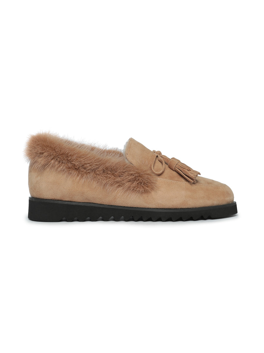 Suede Tassel Fur Loafers - Light Brown