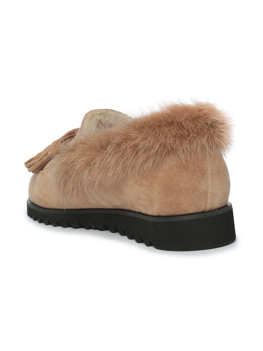 Suede Tassel Fur Loafers - Light Brown