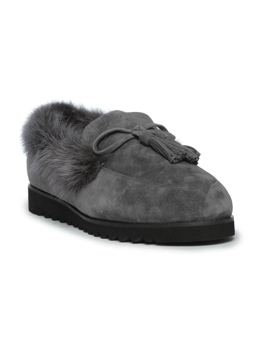 Suede Tassel Fur Loafers - Grey