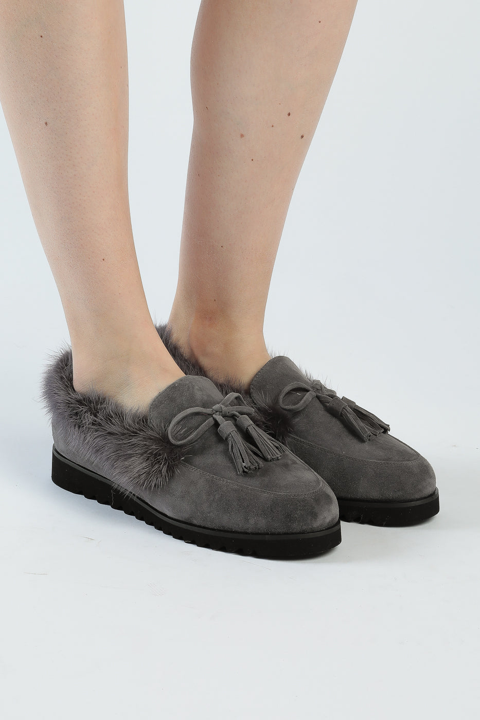 Suede Tassel Fur Loafers - Grey