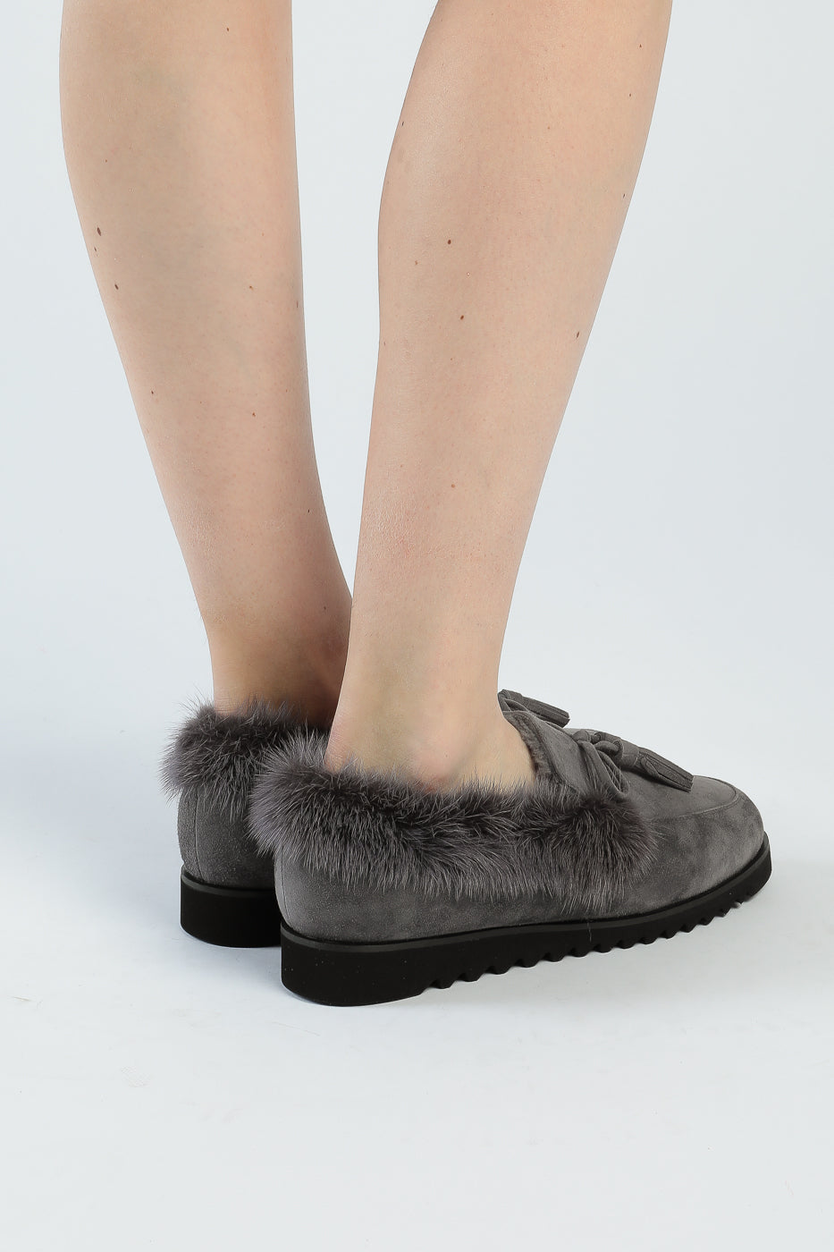 Suede Tassel Fur Loafers - Grey