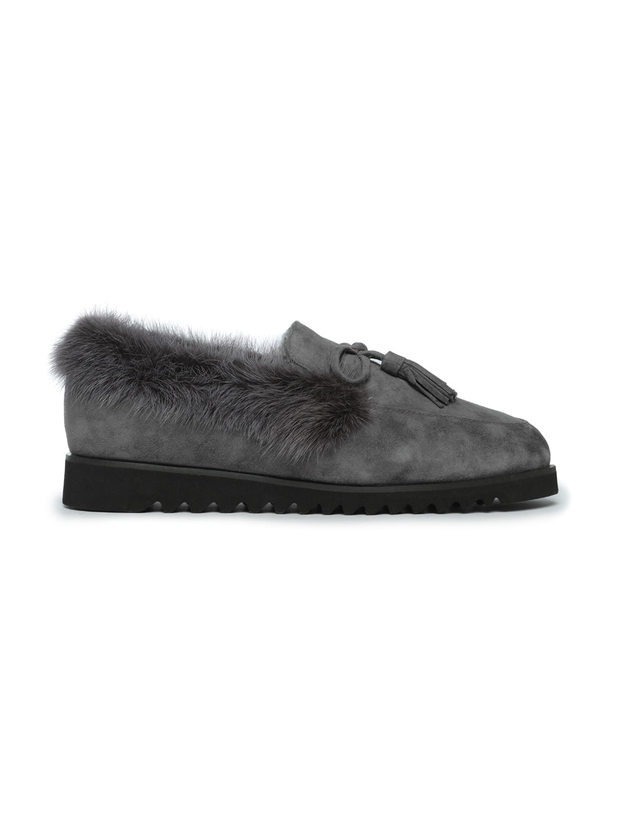 Suede Tassel Fur Loafers - Grey