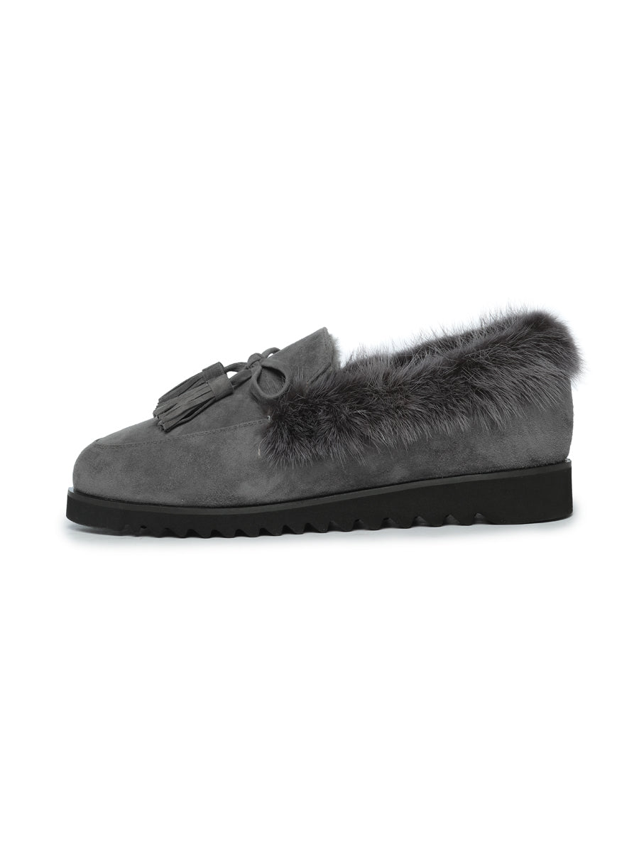 Suede Tassel Fur Loafers - Grey