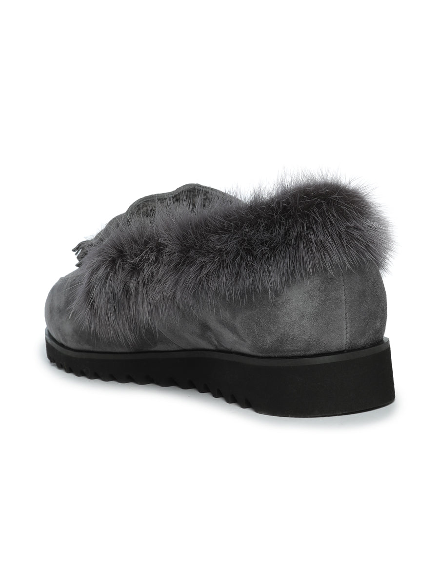 Suede Tassel Fur Loafers - Grey