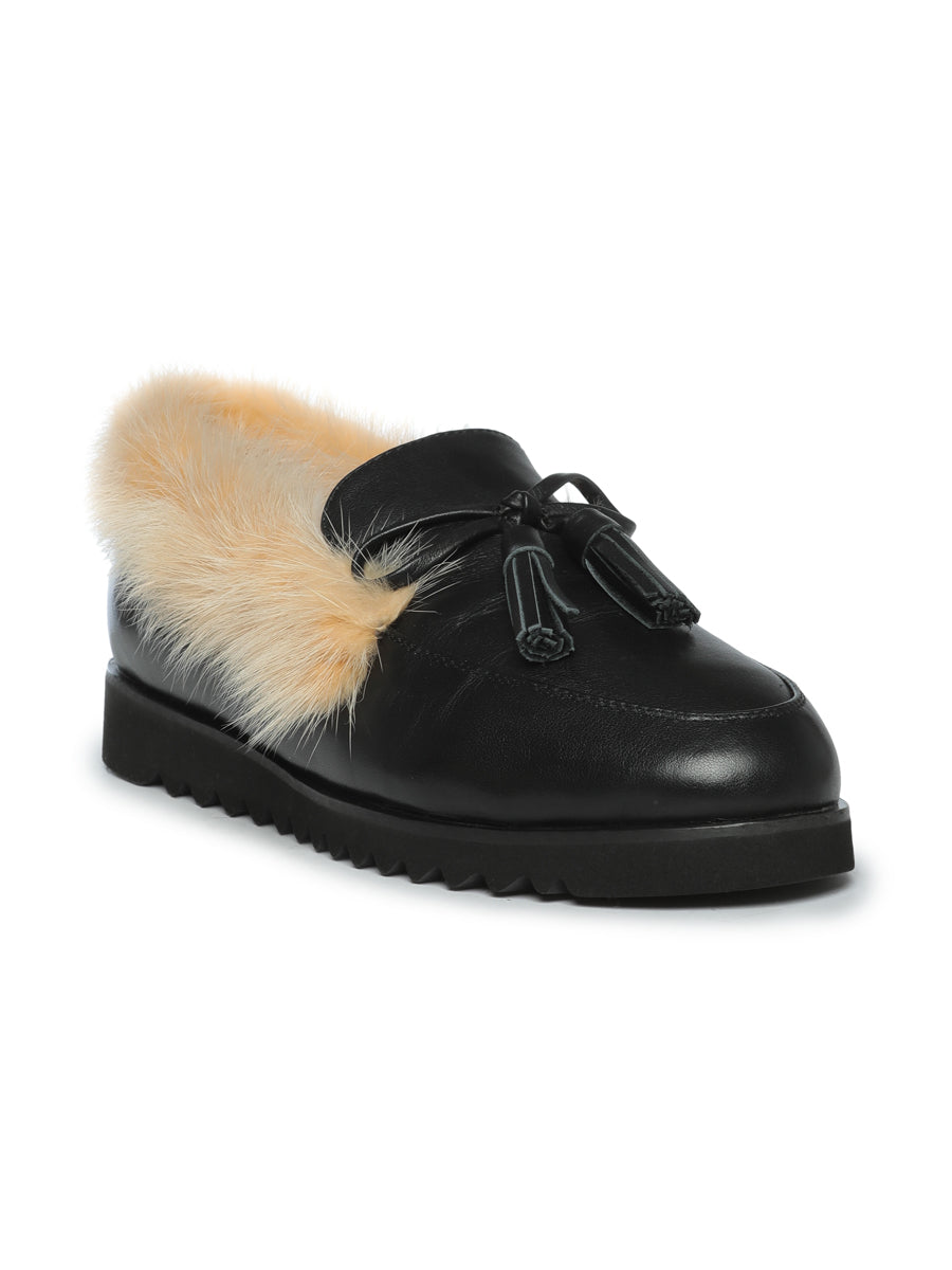 Leather Tassel Fur Loafers - Black