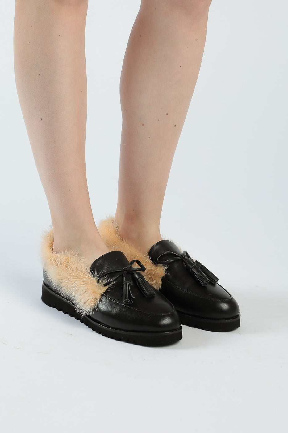 Leather Tassel Fur Loafers - Black