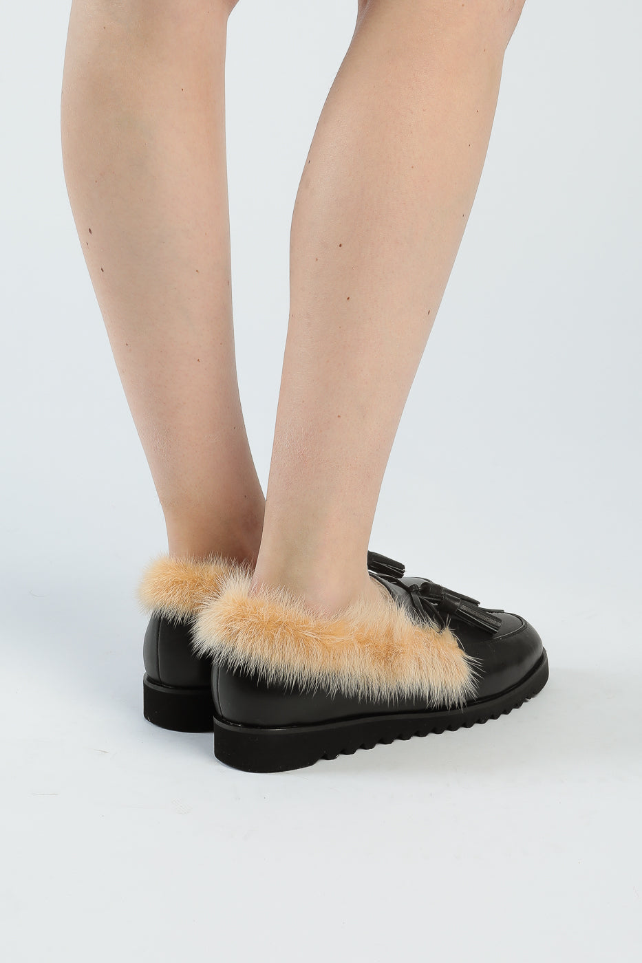 Leather Tassel Fur Loafers - Black