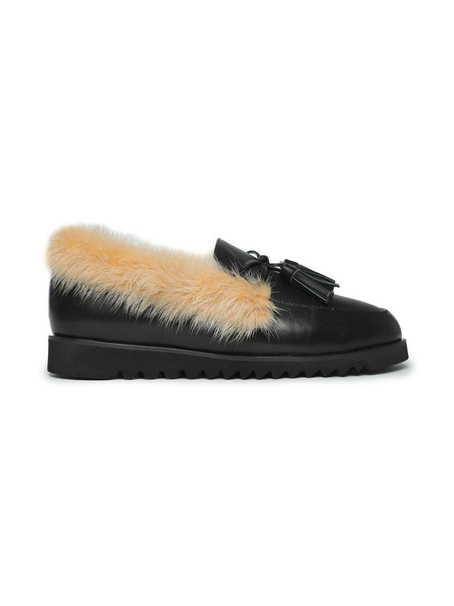 Leather Tassel Fur Loafers - Black