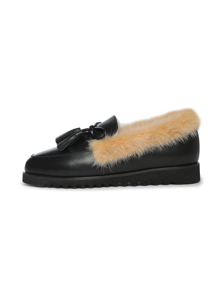 Leather Tassel Fur Loafers - Black