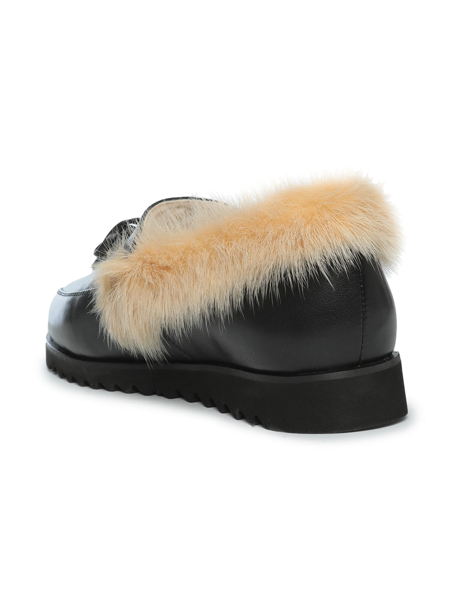 Leather Tassel Fur Loafers - Black