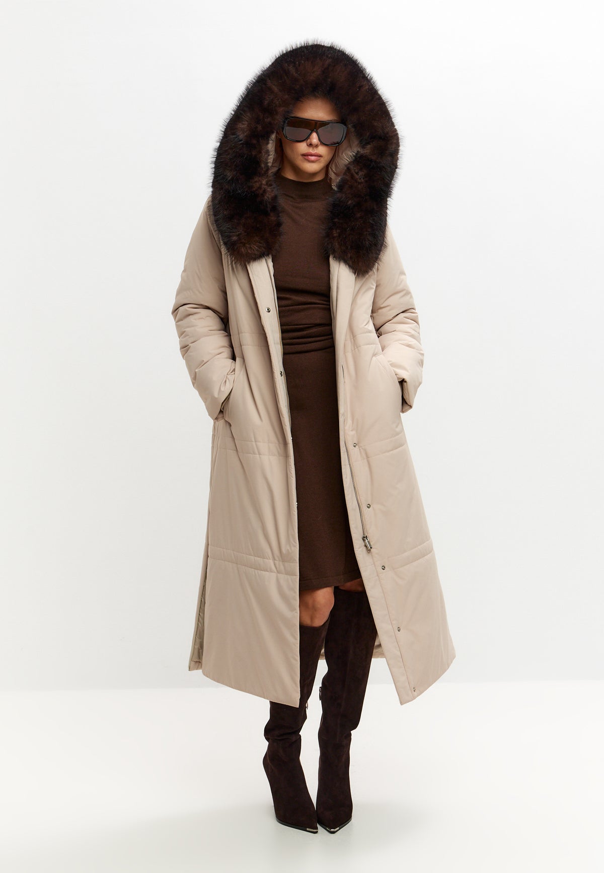 Fur Trim Hooded Puffer Coat - Milky