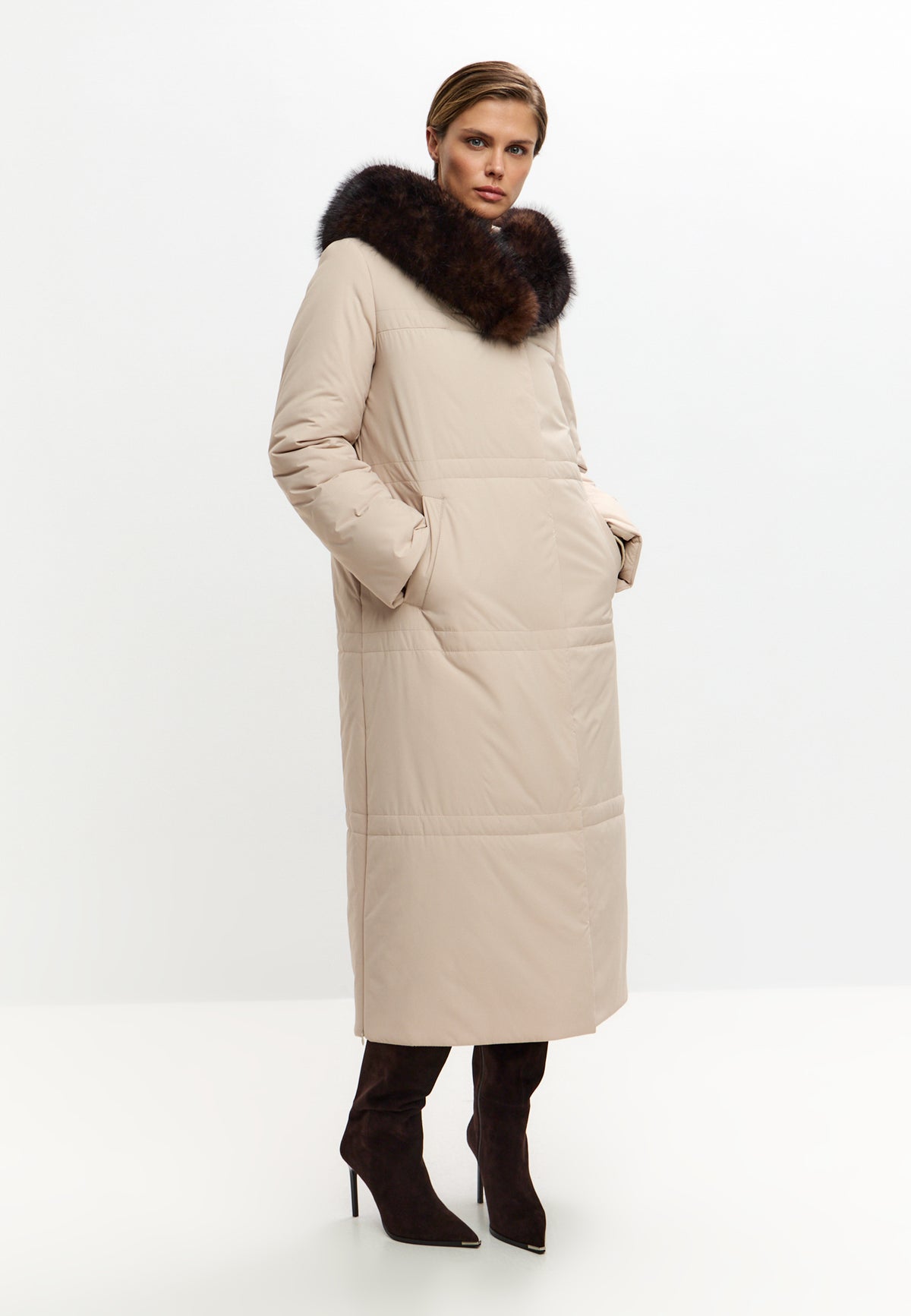 Fur Trim Hooded Puffer Coat - Milky