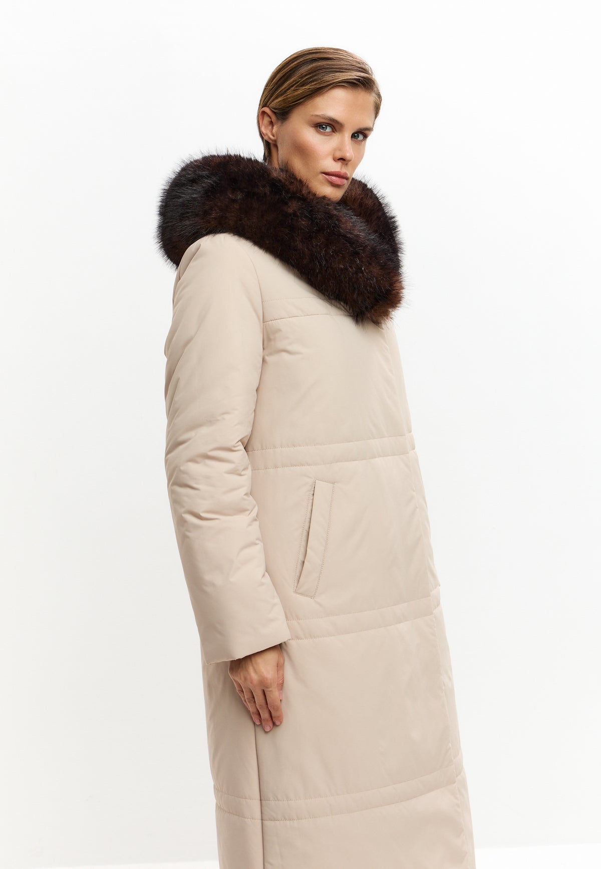 Fur Trim Hooded Puffer Coat - Milky