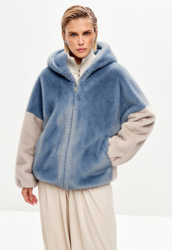 Stylish Hooded Faux Fur Jacket Reyna - Blue