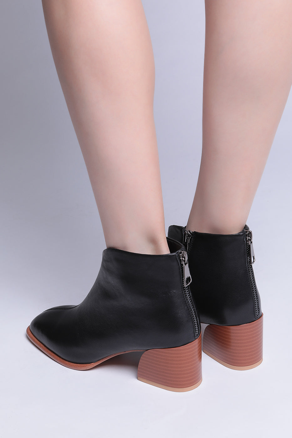 Leather Block Heel Ankle Boots - Black