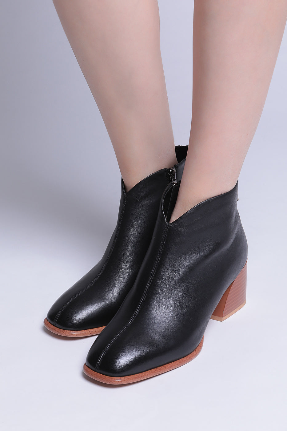 Leather Block Heel Ankle Boots - Black