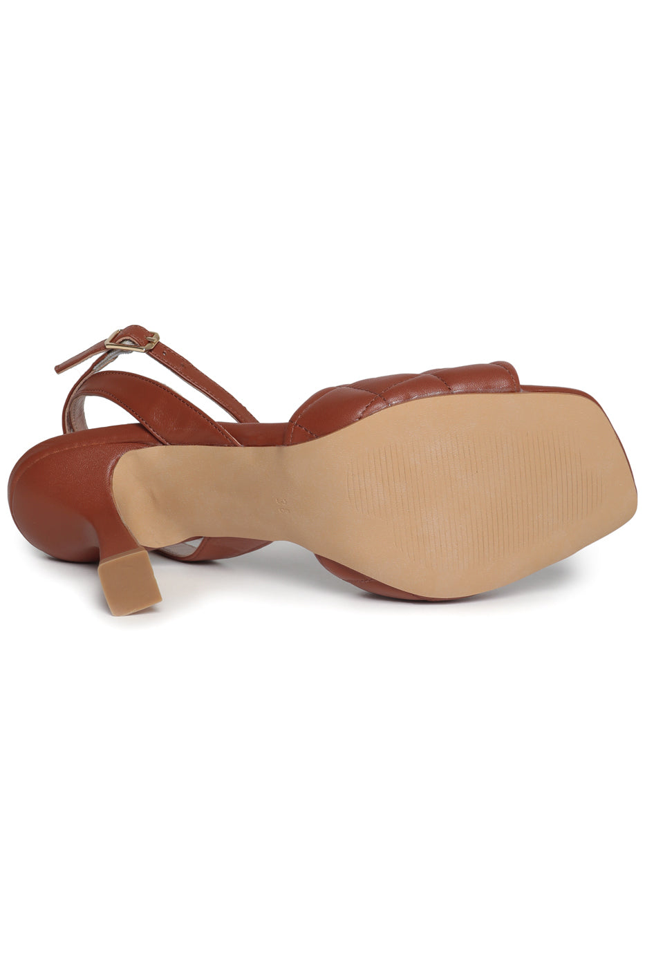 Quilted Block Heel Sandals - Brown