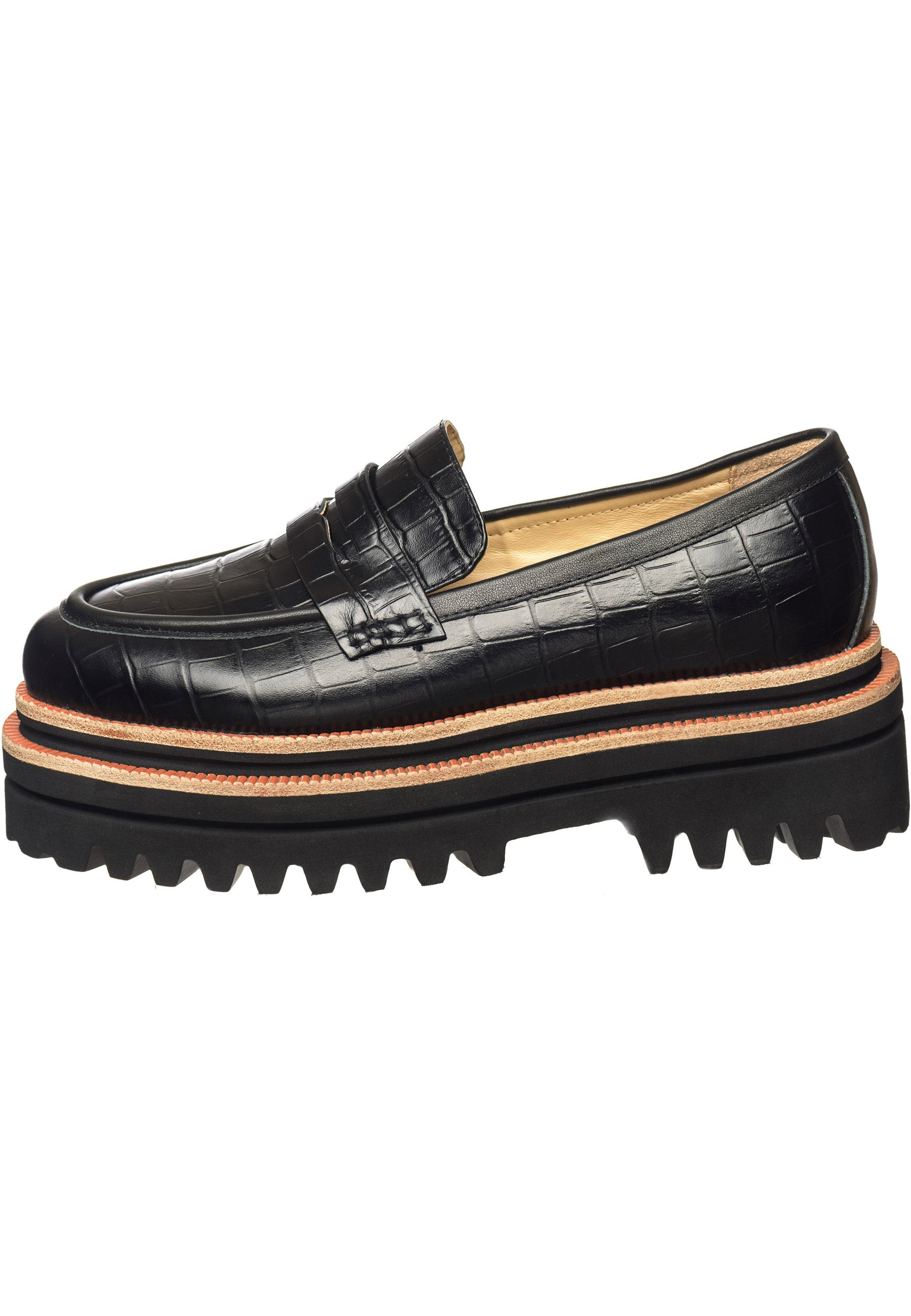 Croc-Embossed Platform Loafers - Black