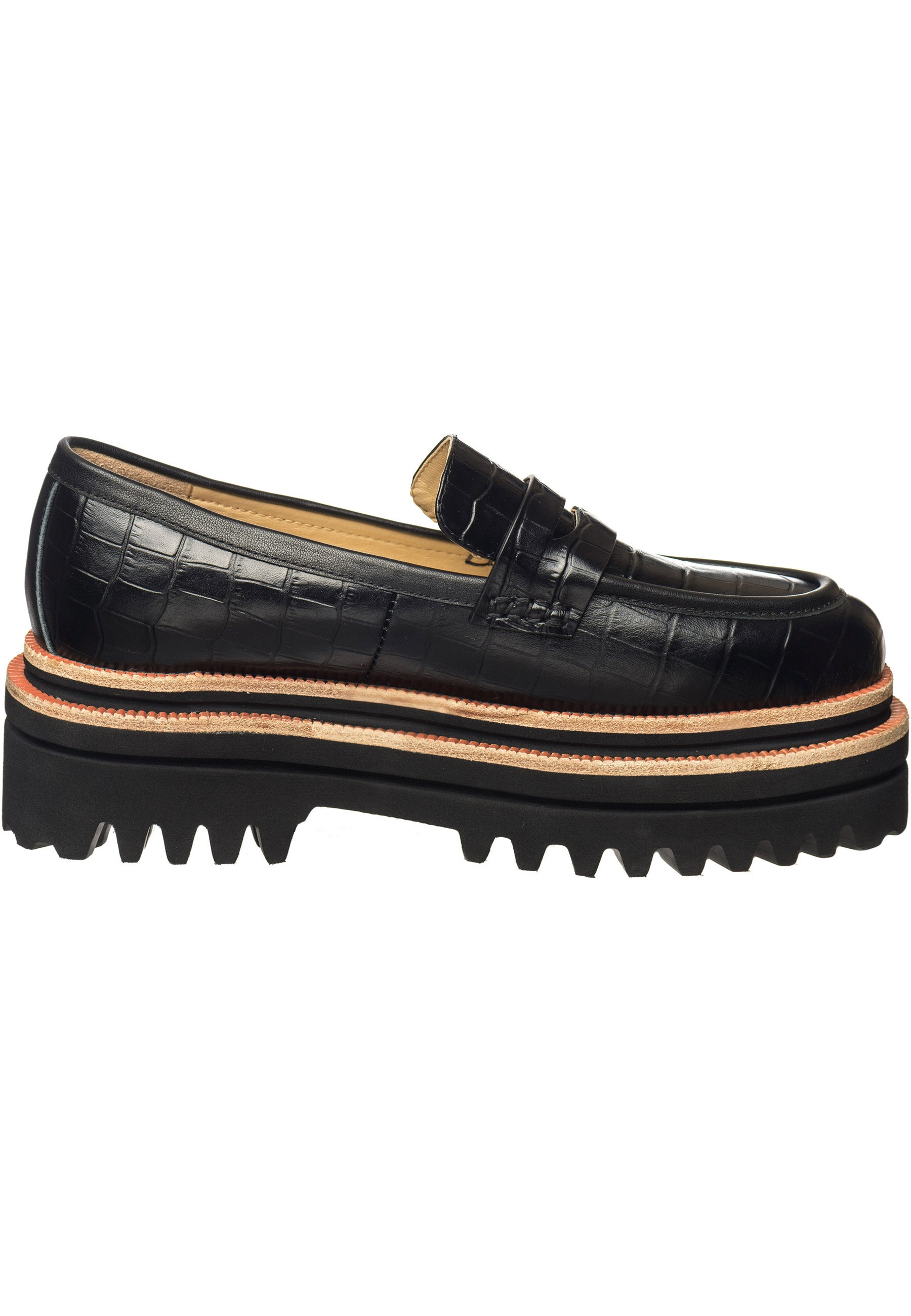 Croc-Embossed Platform Loafers - Black