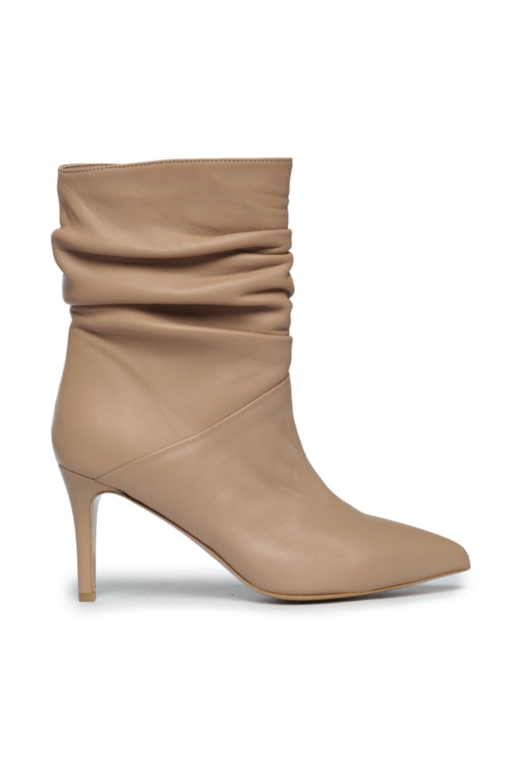 Ruched Leather Ankle Boots - Beige