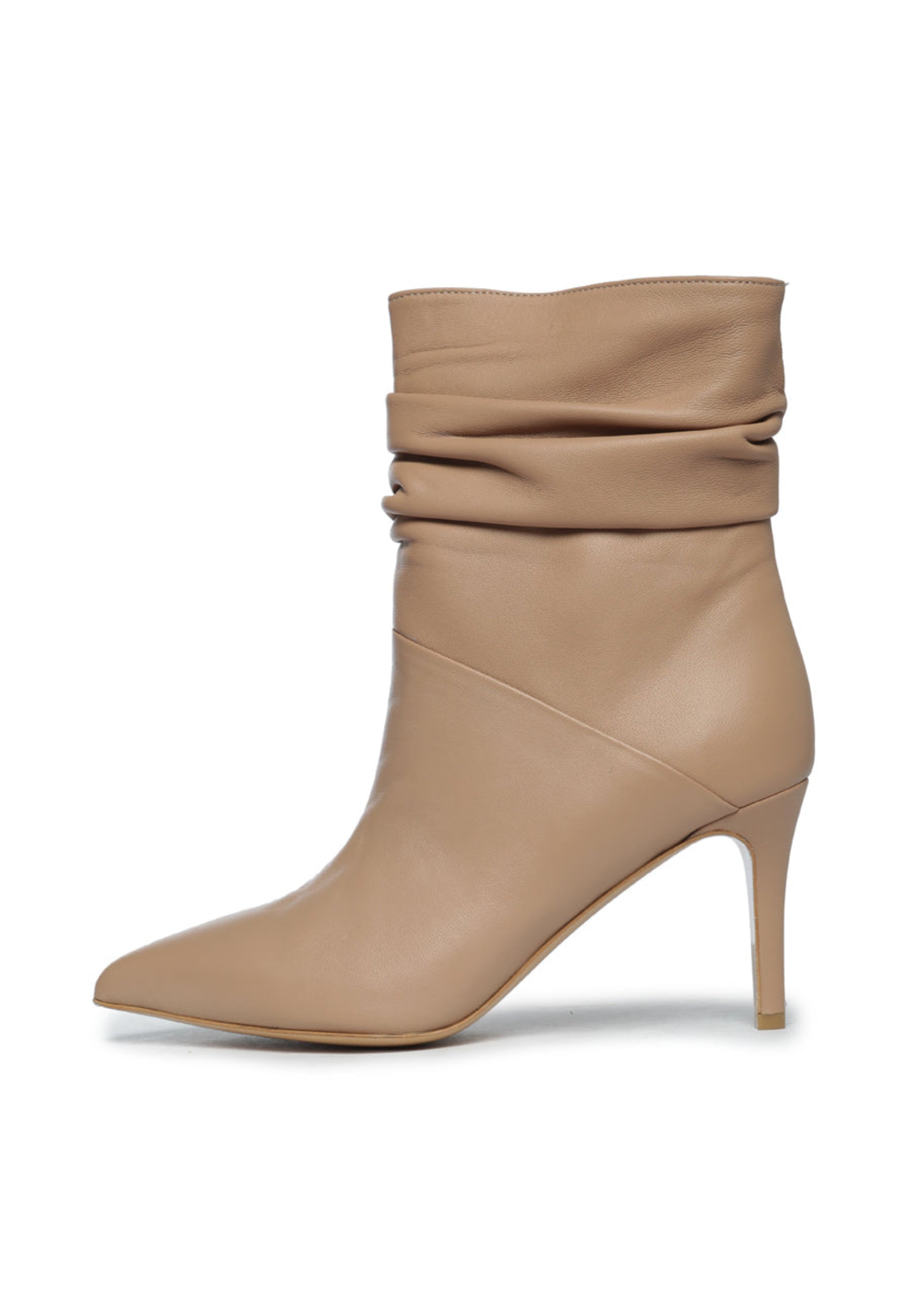 Ruched Leather Ankle Boots - Beige