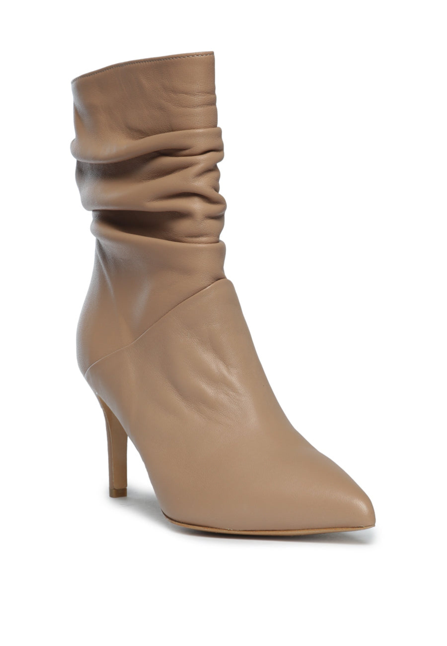 Ruched Leather Ankle Boots - Beige