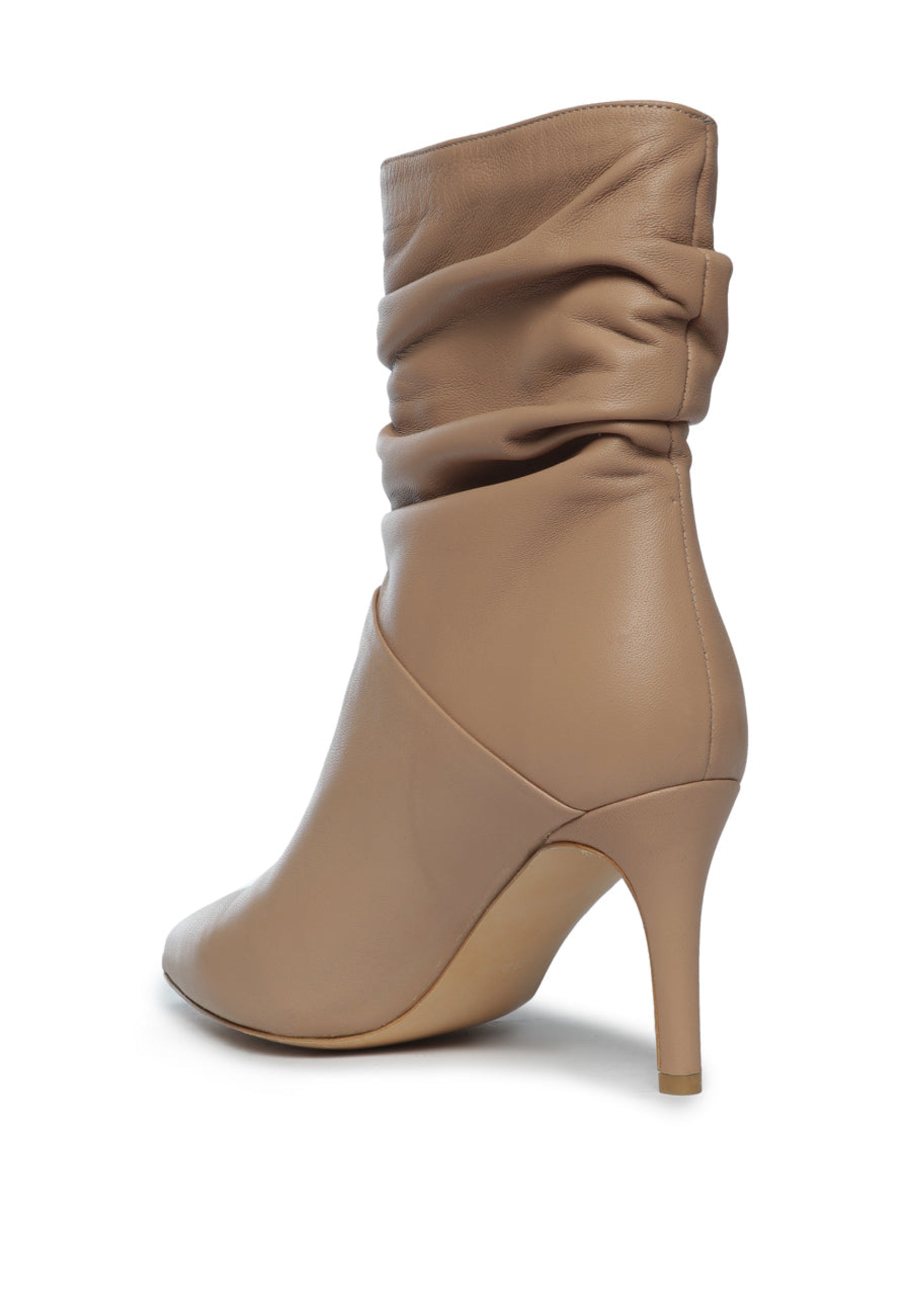 Ruched Leather Ankle Boots - Beige