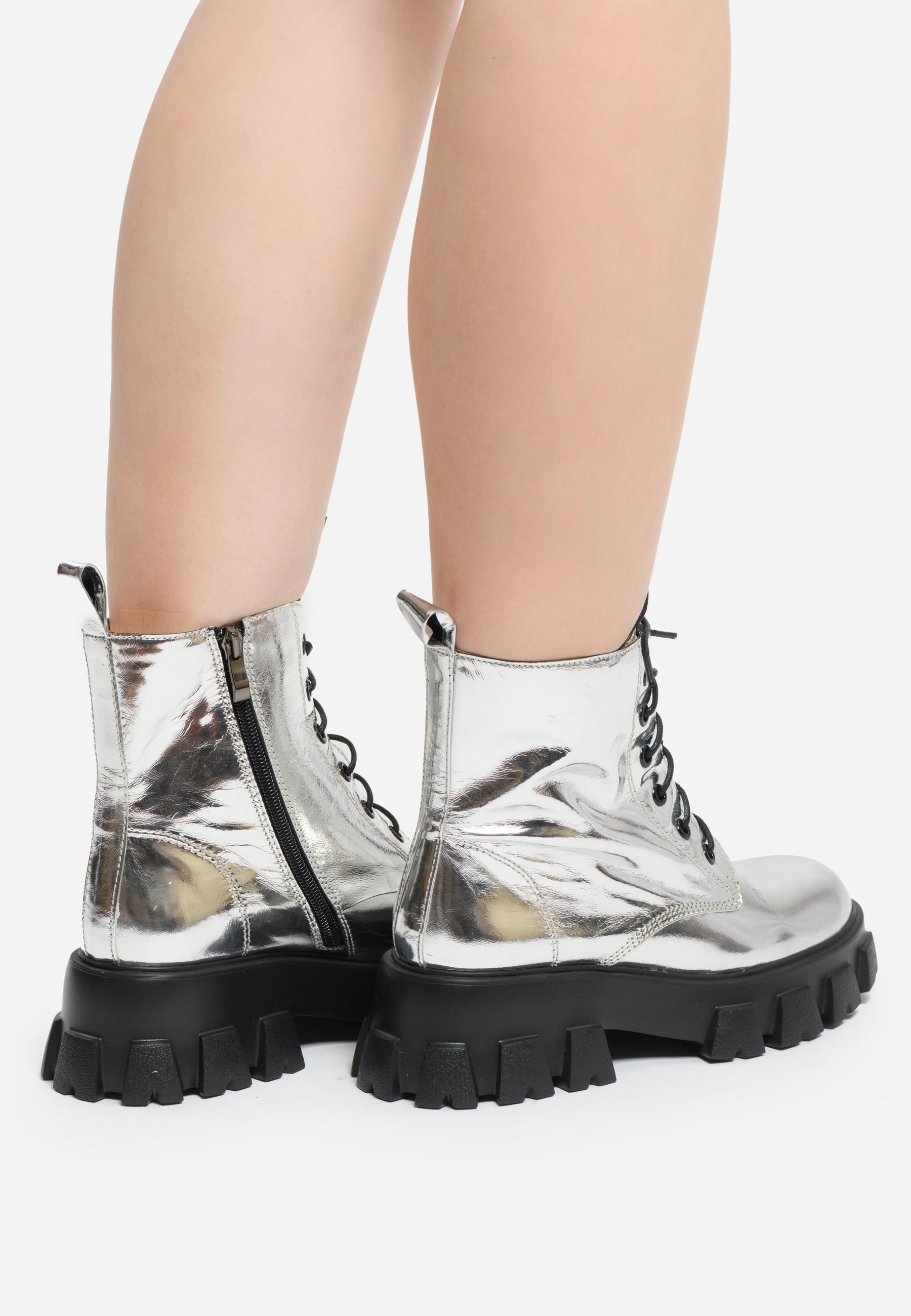 Glossy Chunky Combat Boots - Silver