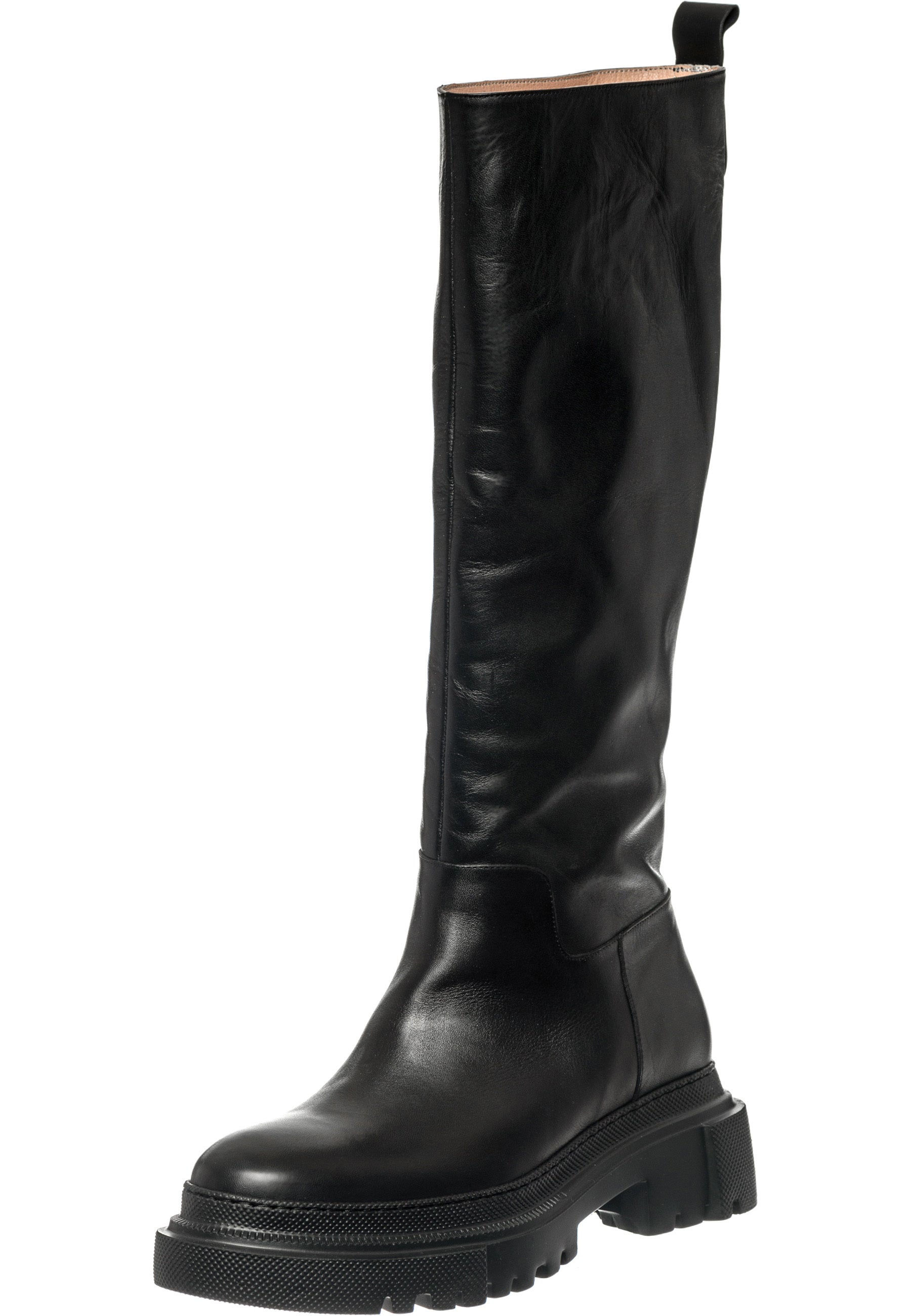 Tall Chunky Sole Leather Boots - Black