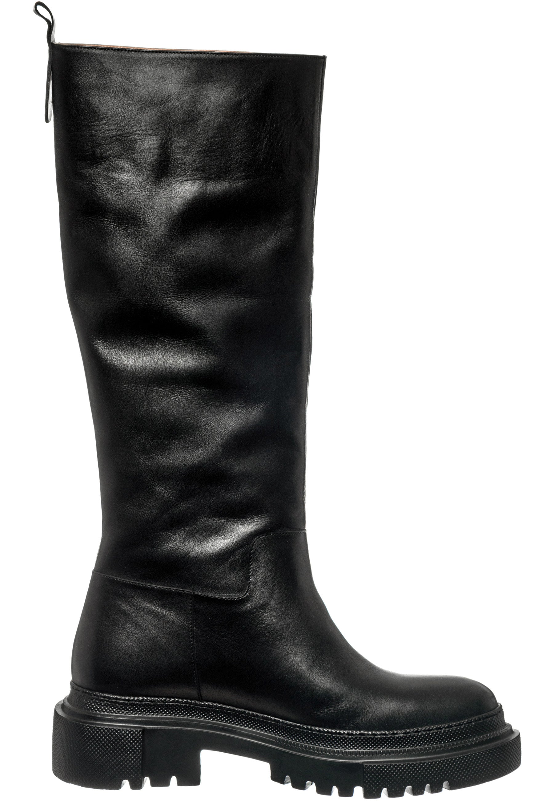 Tall Chunky Sole Leather Boots - Black