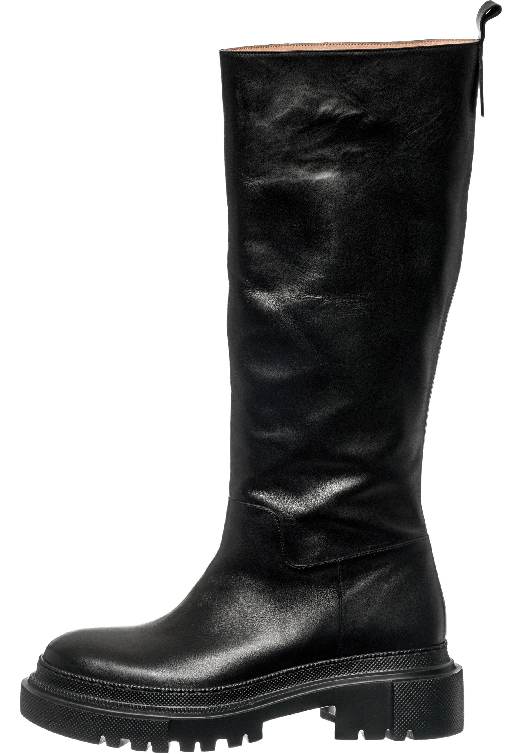 Tall Chunky Sole Leather Boots - Black