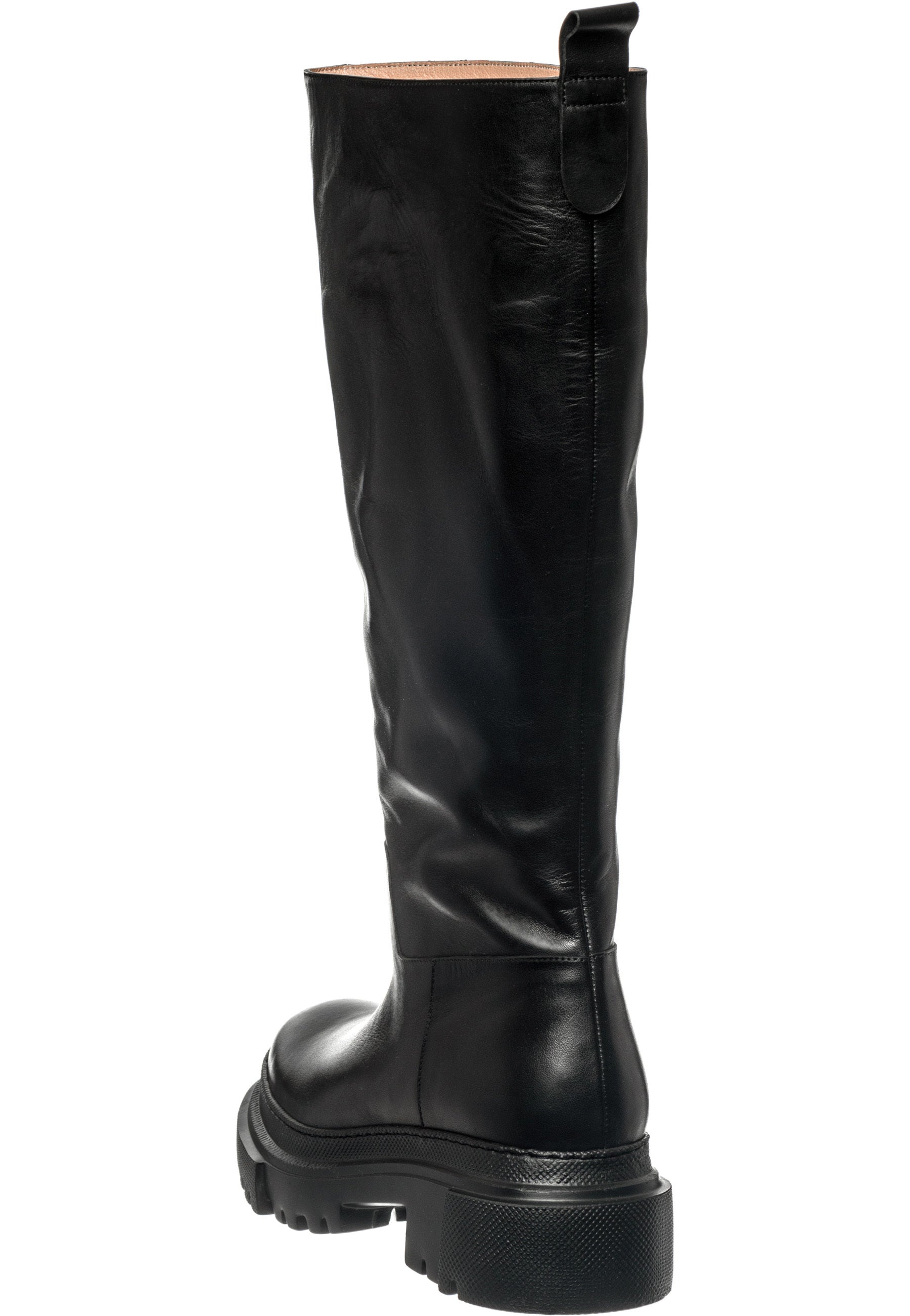 Tall Chunky Sole Leather Boots - Black