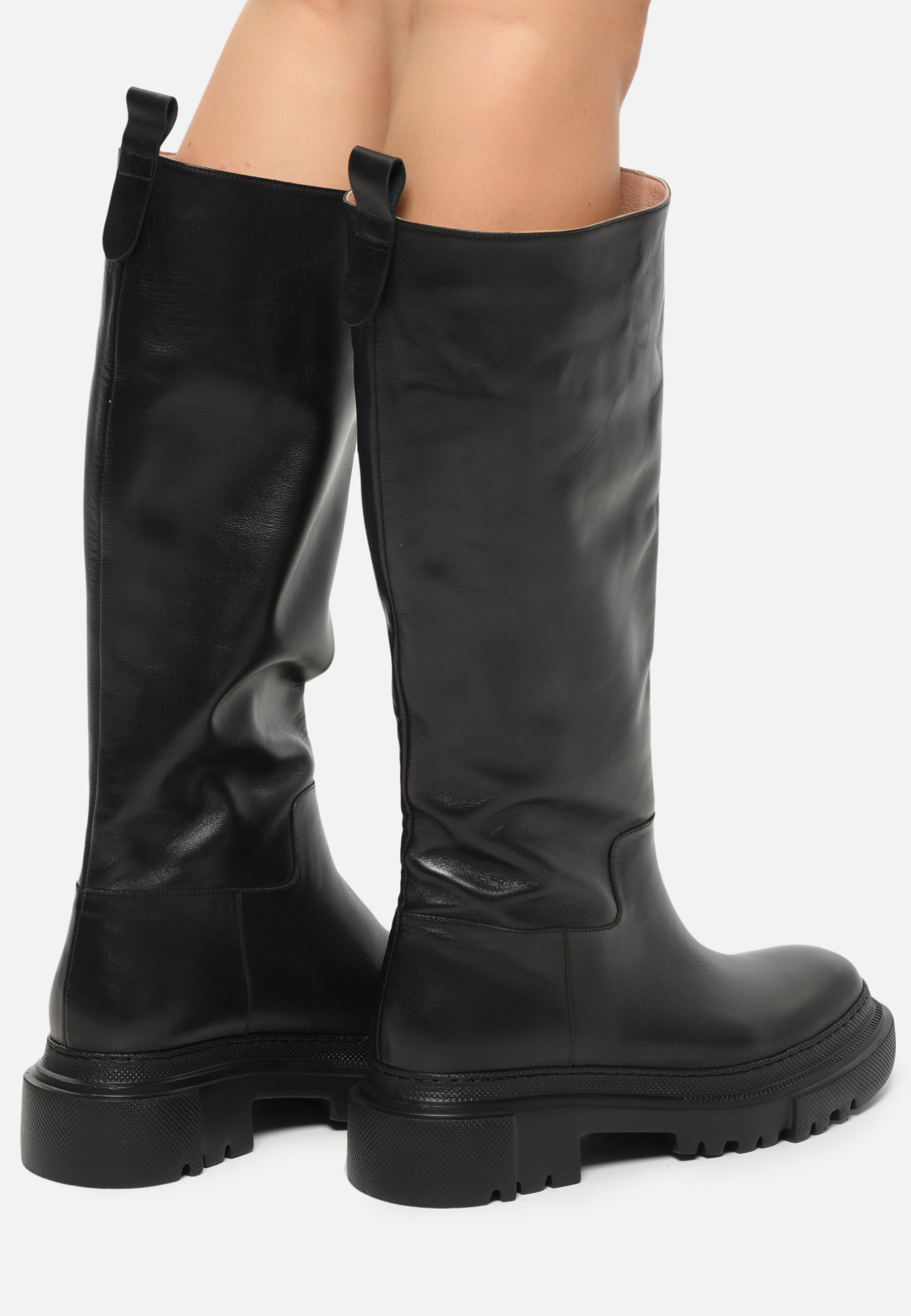 Tall Chunky Sole Leather Boots - Black