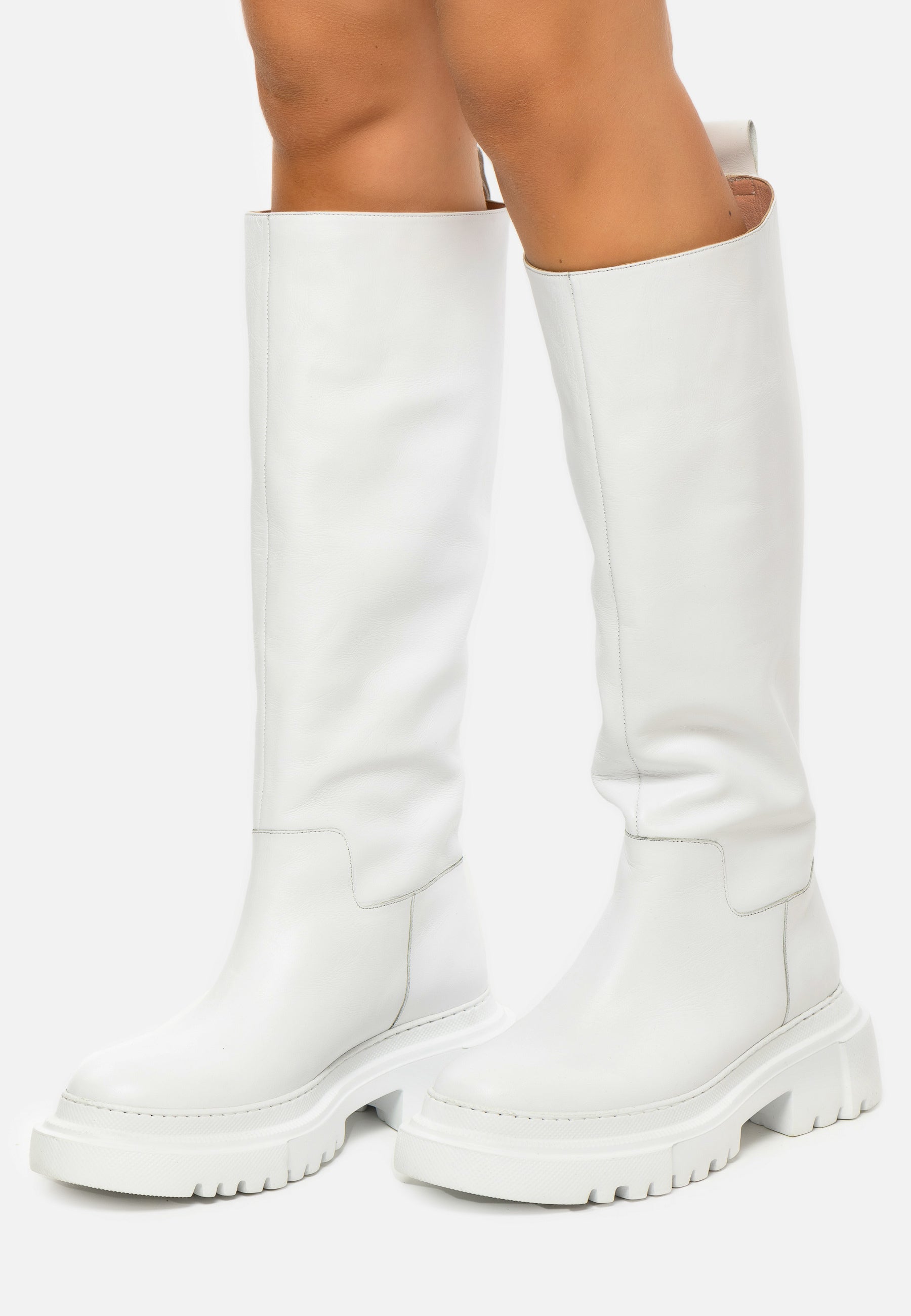 Tall Chunky Sole Leather Boots - White