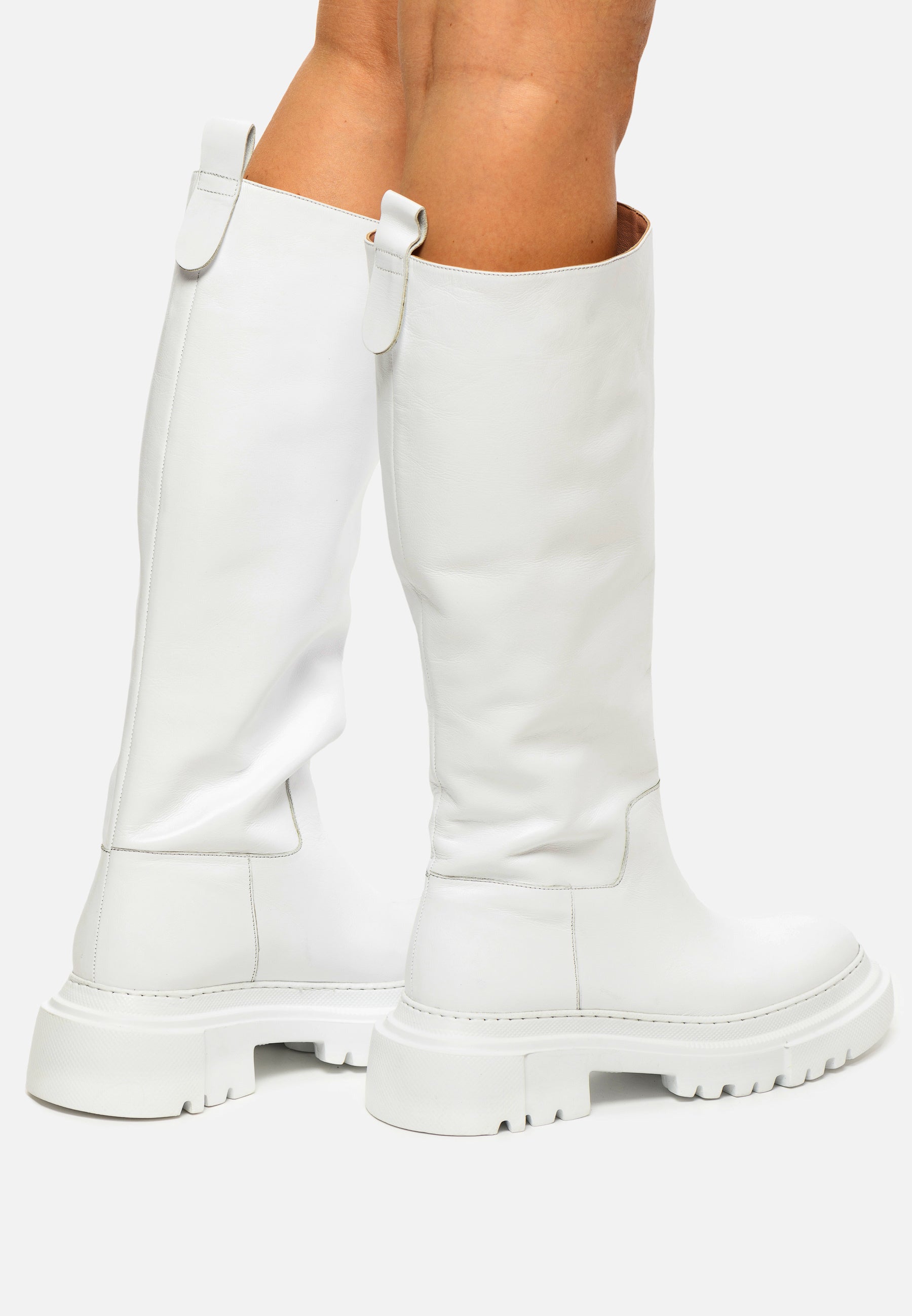 Tall Chunky Sole Leather Boots - White