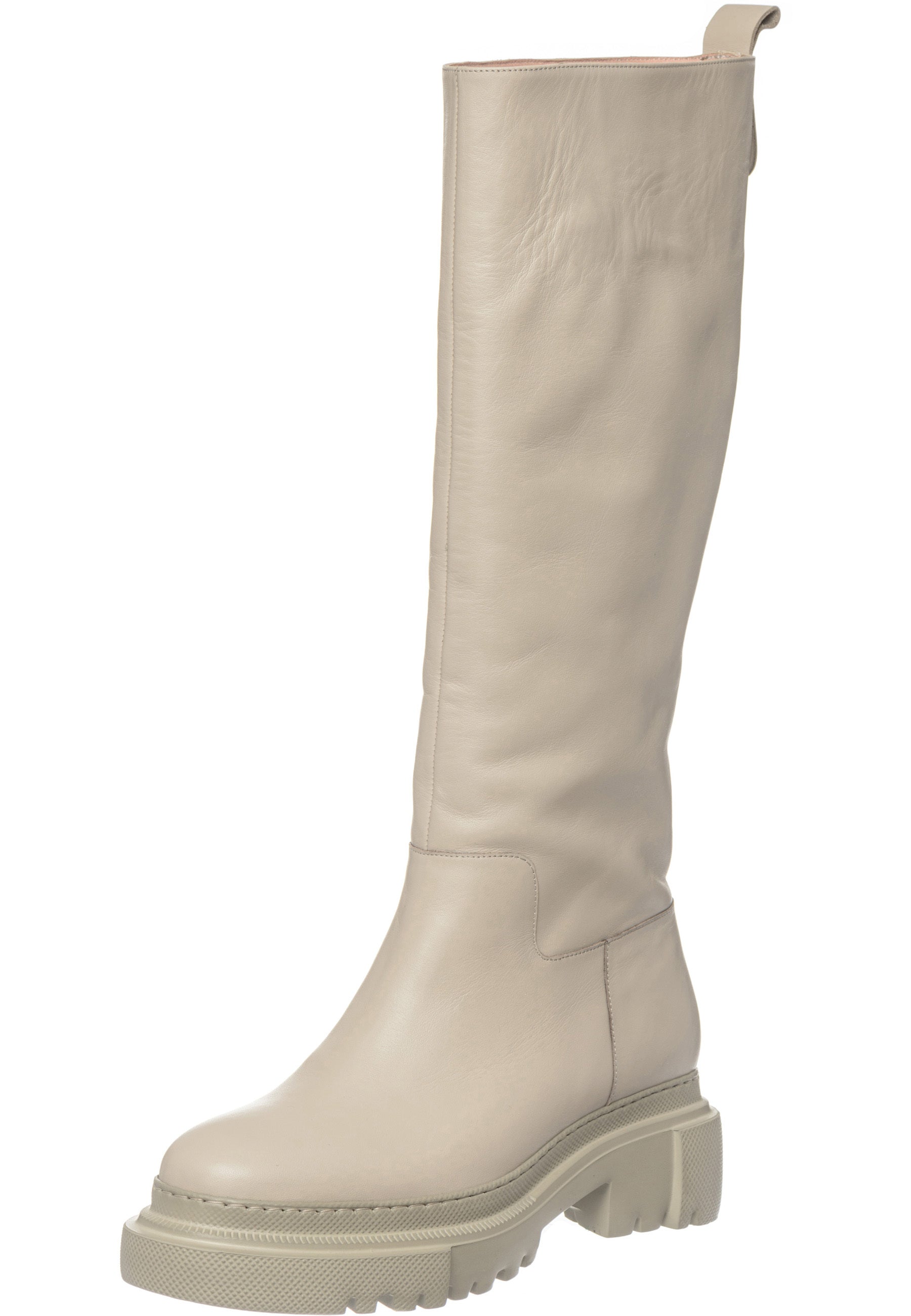 Tall Chunky Sole Leather Boots - Beige