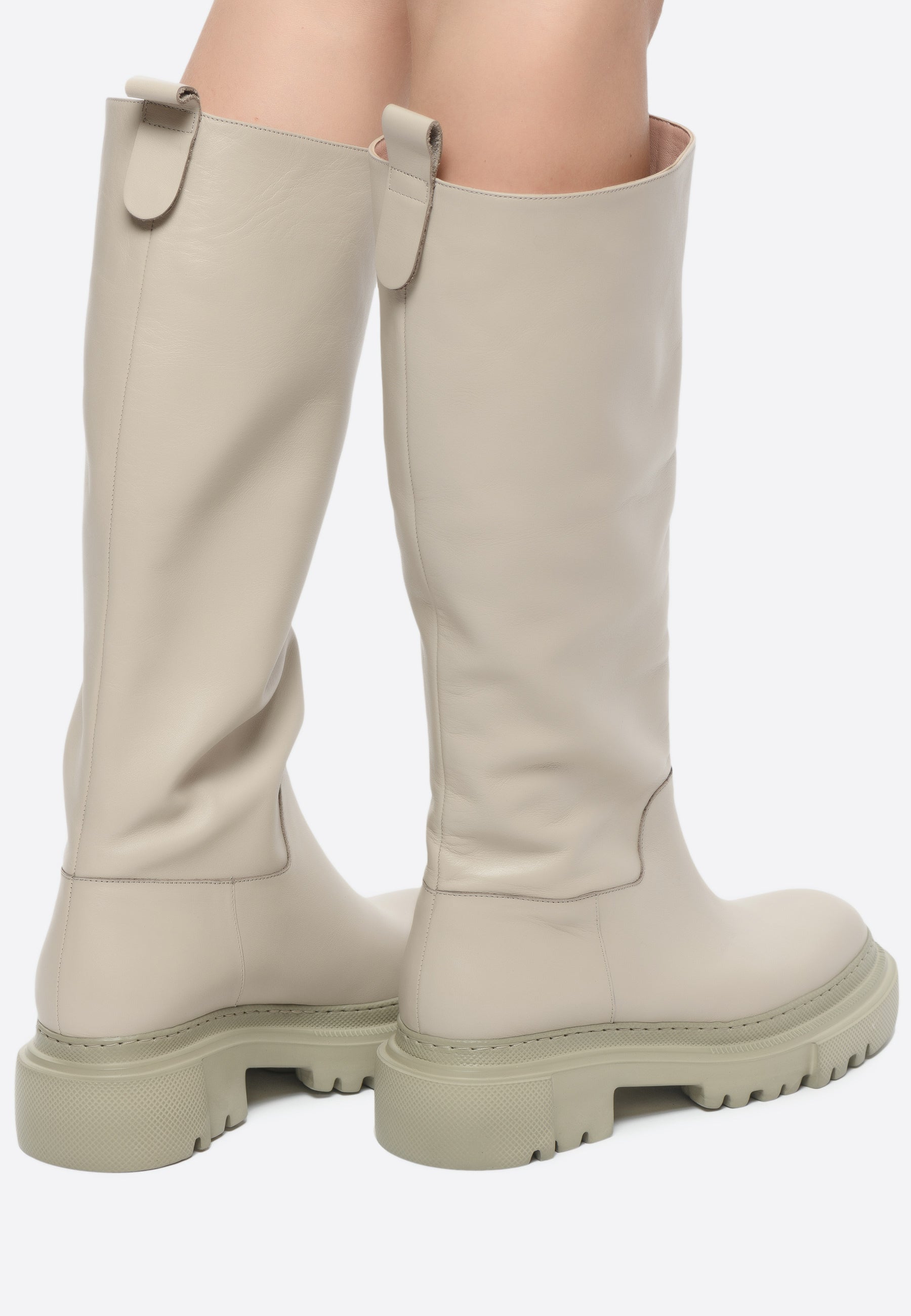 Tall Chunky Sole Leather Boots - Beige