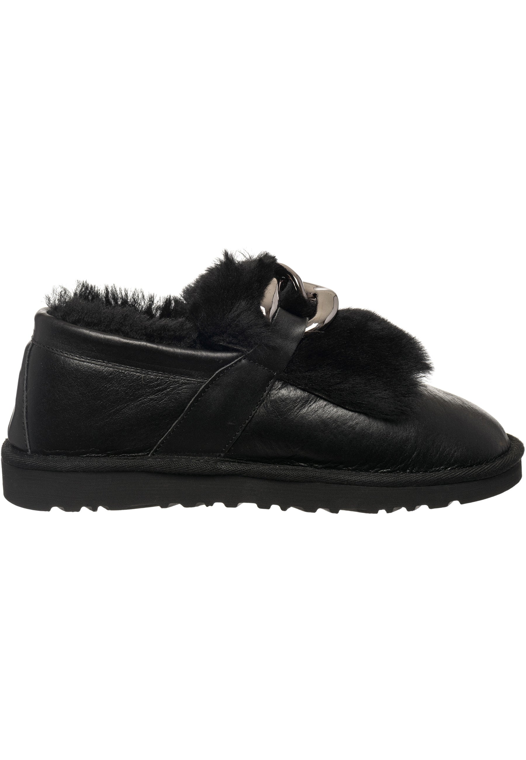 Chain Fur Lined Loafers - Black